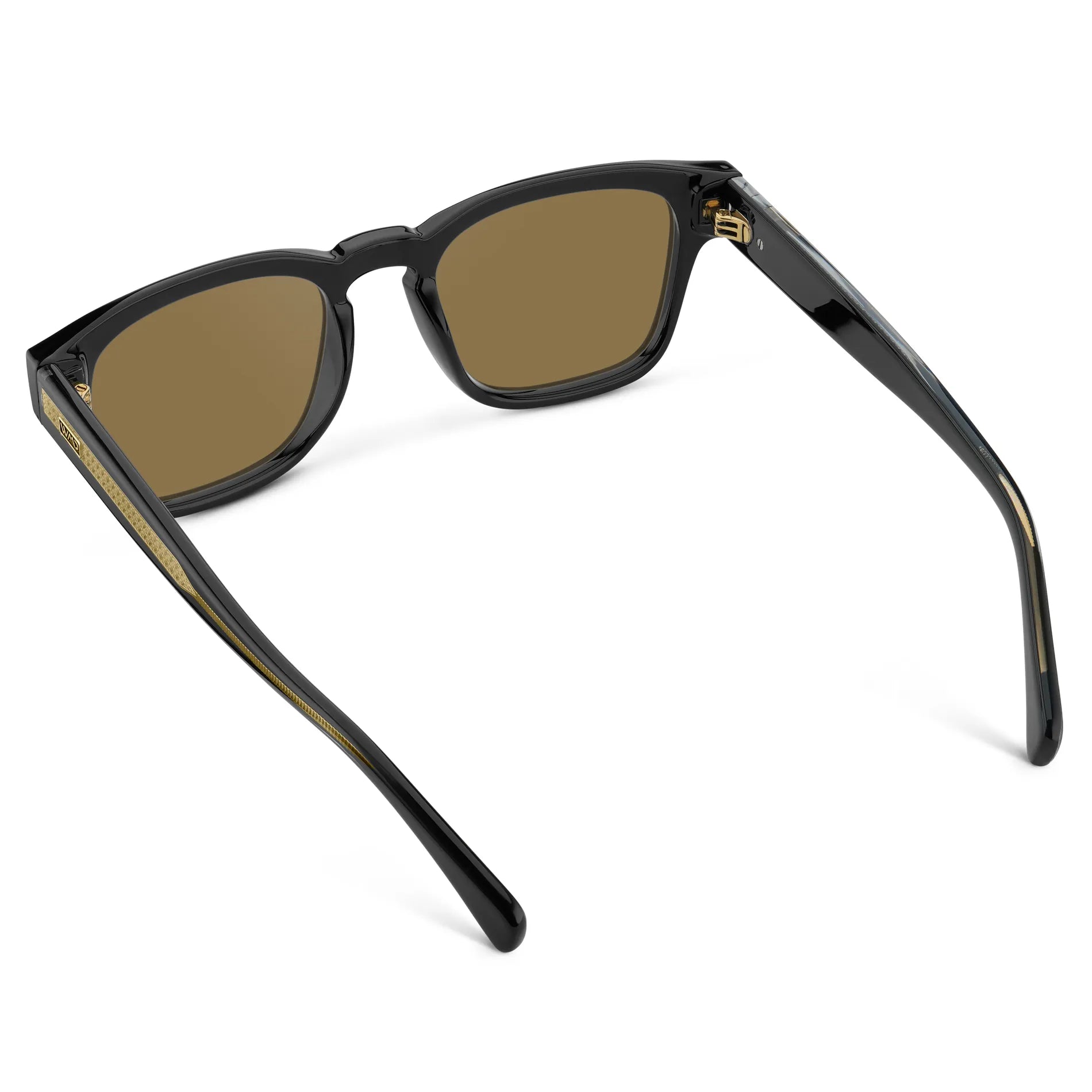 Black Gold / Amber || Back view of Men's Geometric Rectangular Prescription Sunglasses with Black Gold Frame and Amber Prescription Lens on a white background