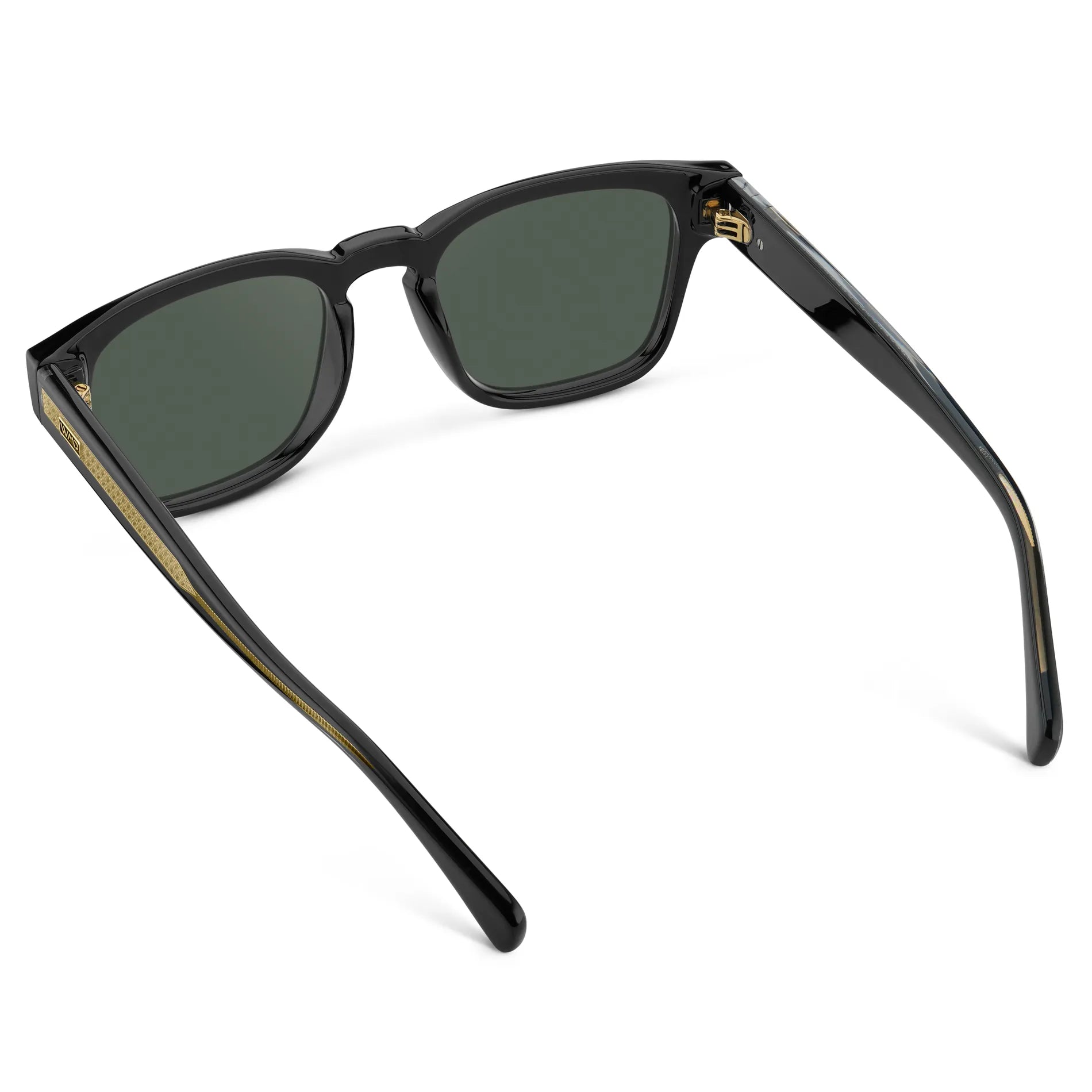 Black Gold / G15 || Back view of Men's Geometric Rectangular Prescription Sunglasses with Black Gold Frame and Green Prescription Lens on a white background