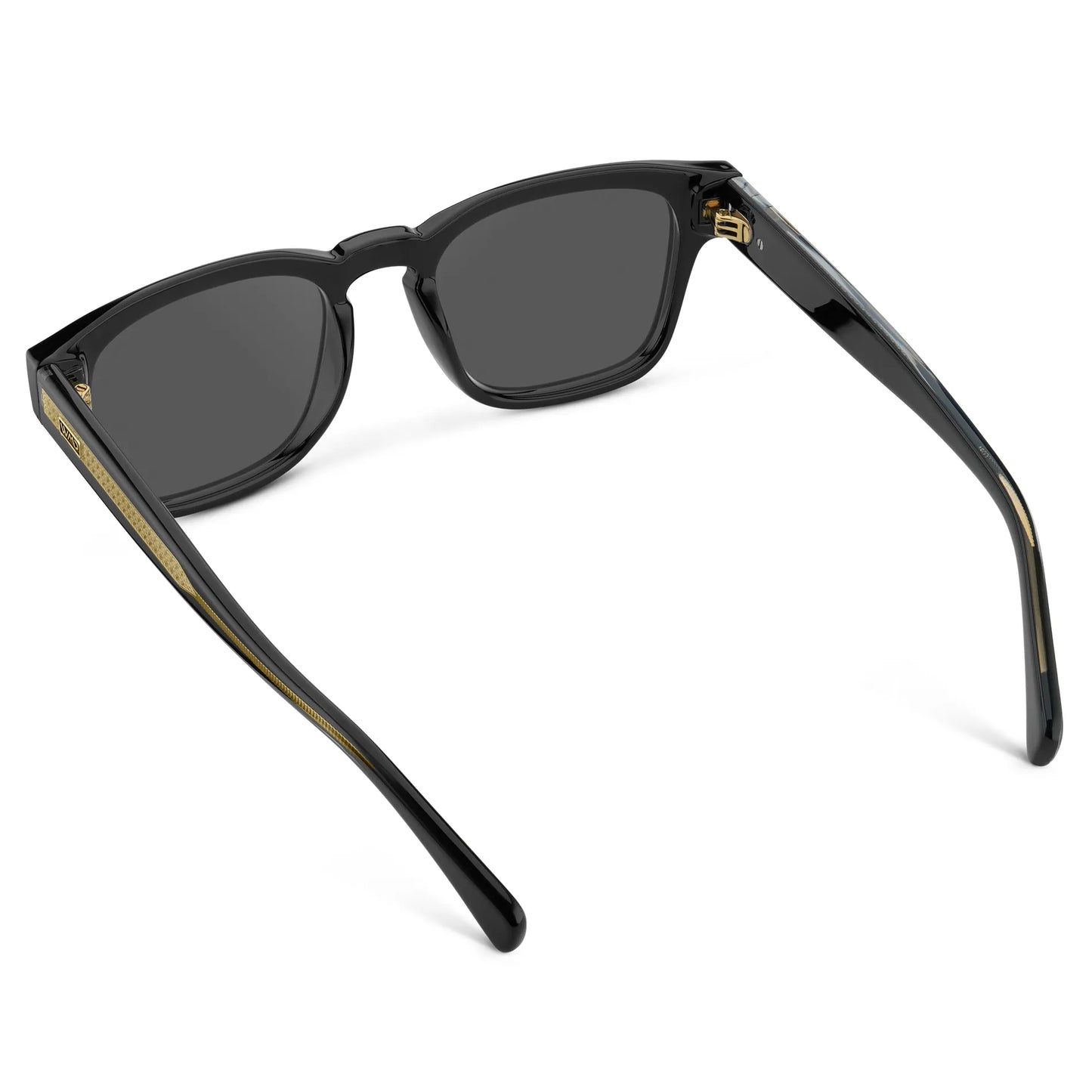 Black Gold / Grey || Back view of Men's Geometric Rectangular Prescription Sunglasses with Black Gold Frame and Grey Prescription Lens on a white background