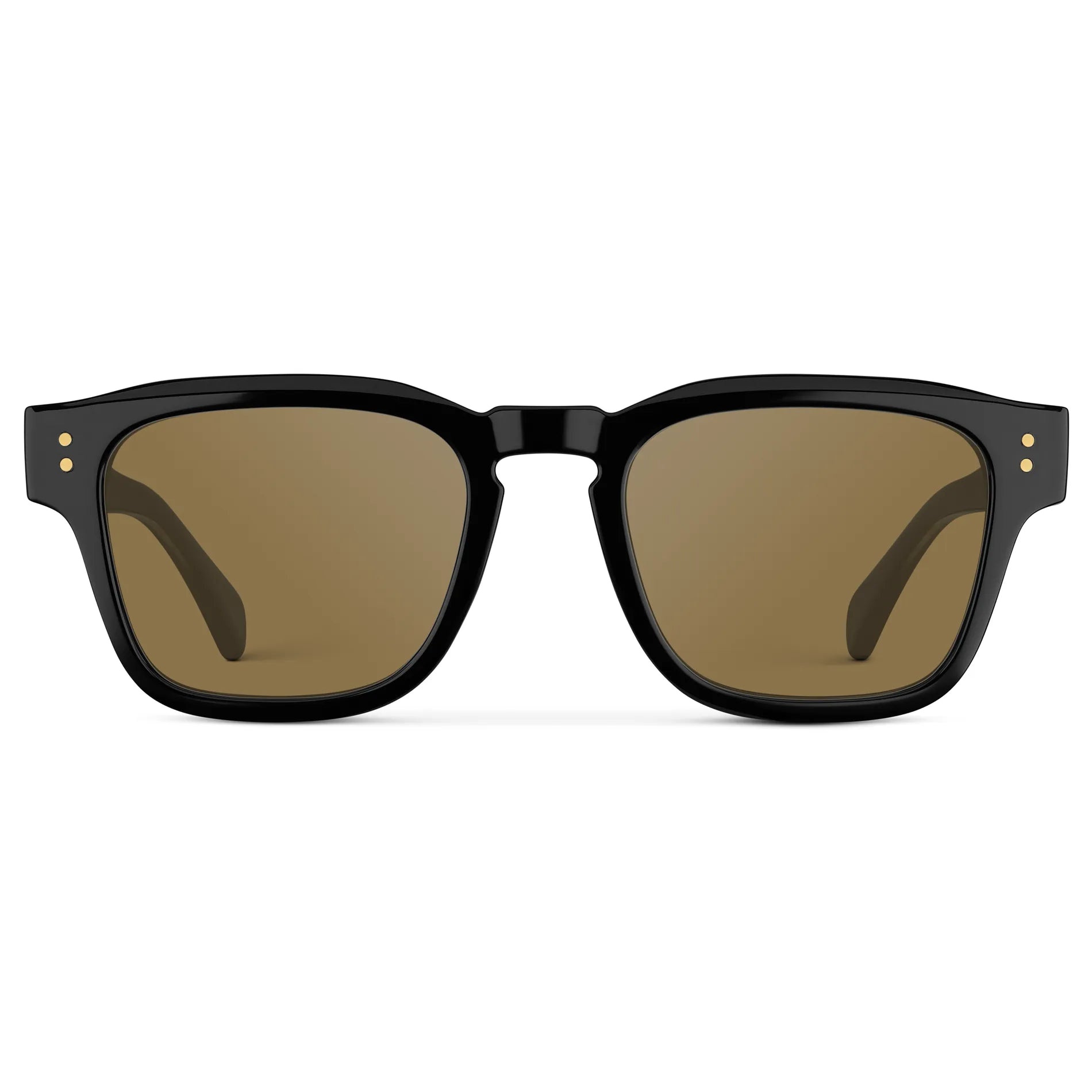 Black Gold / Amber || Front view of Men's Geometric Rectangular Prescription Sunglasses with Black Gold Frame and Amber Prescription Lens on a white background