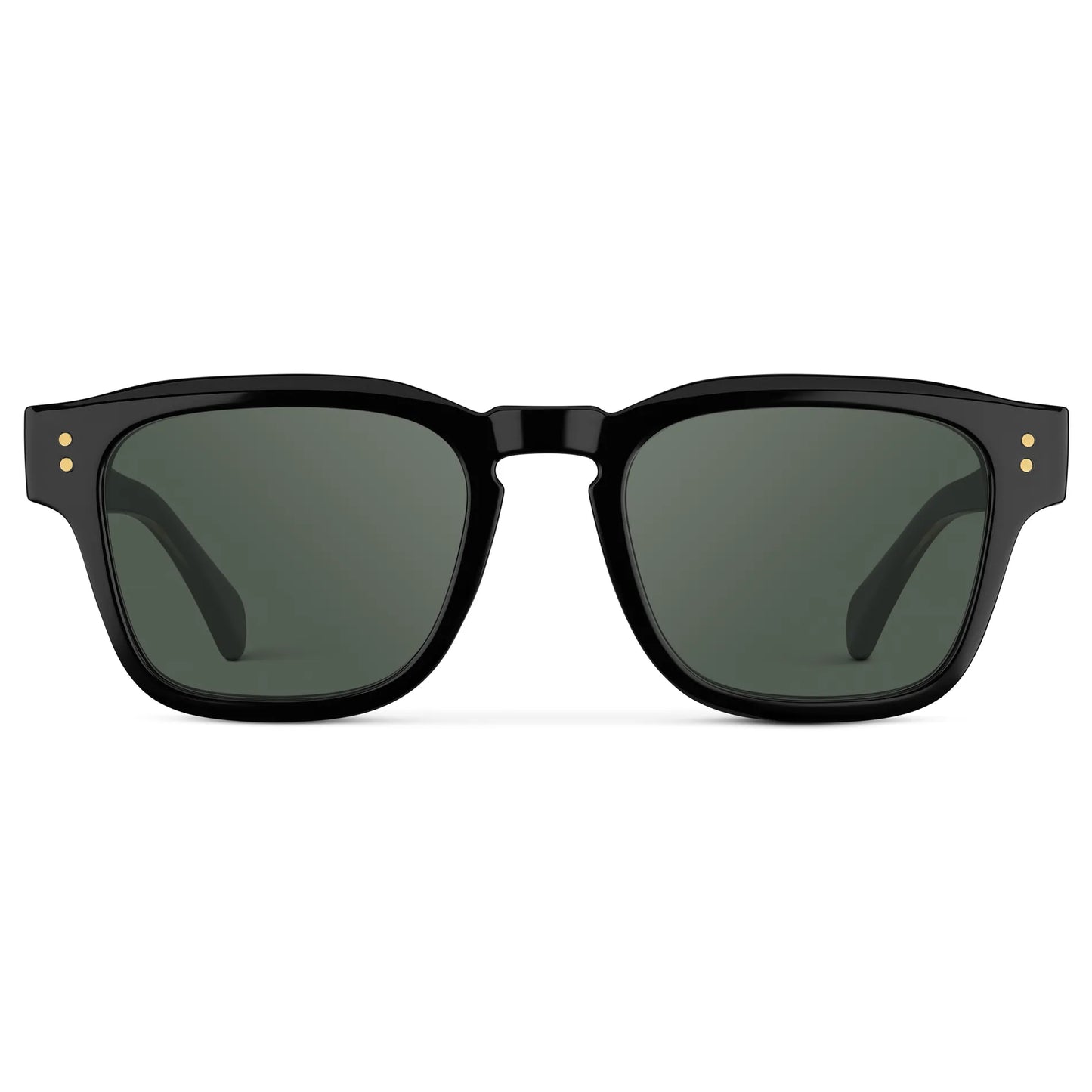 Black Gold / G15 || Front view of Men's Geometric Rectangular Prescription Sunglasses with Black Gold Frame and Green Prescription Lens on a white background