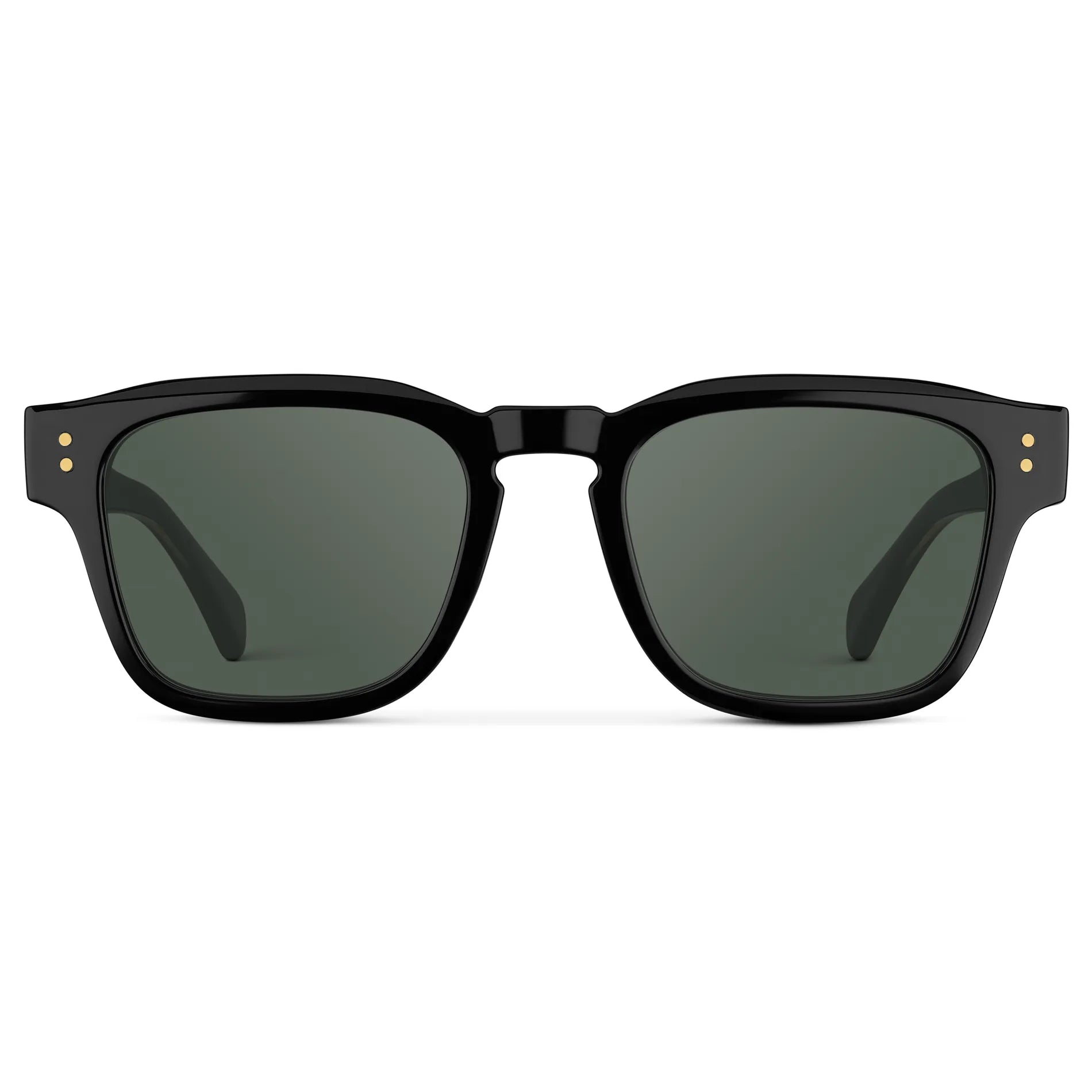 Black Gold / G15 || Front view of Men's Geometric Rectangular Prescription Sunglasses with Black Gold Frame and Green Prescription Lens on a white background
