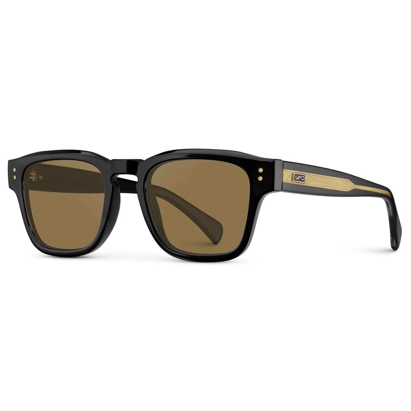 Black Gold / Amber || Side view of Men's Geometric Rectangular Prescription Sunglasses with Black Gold Frame and Amber Prescription Lens on a white background