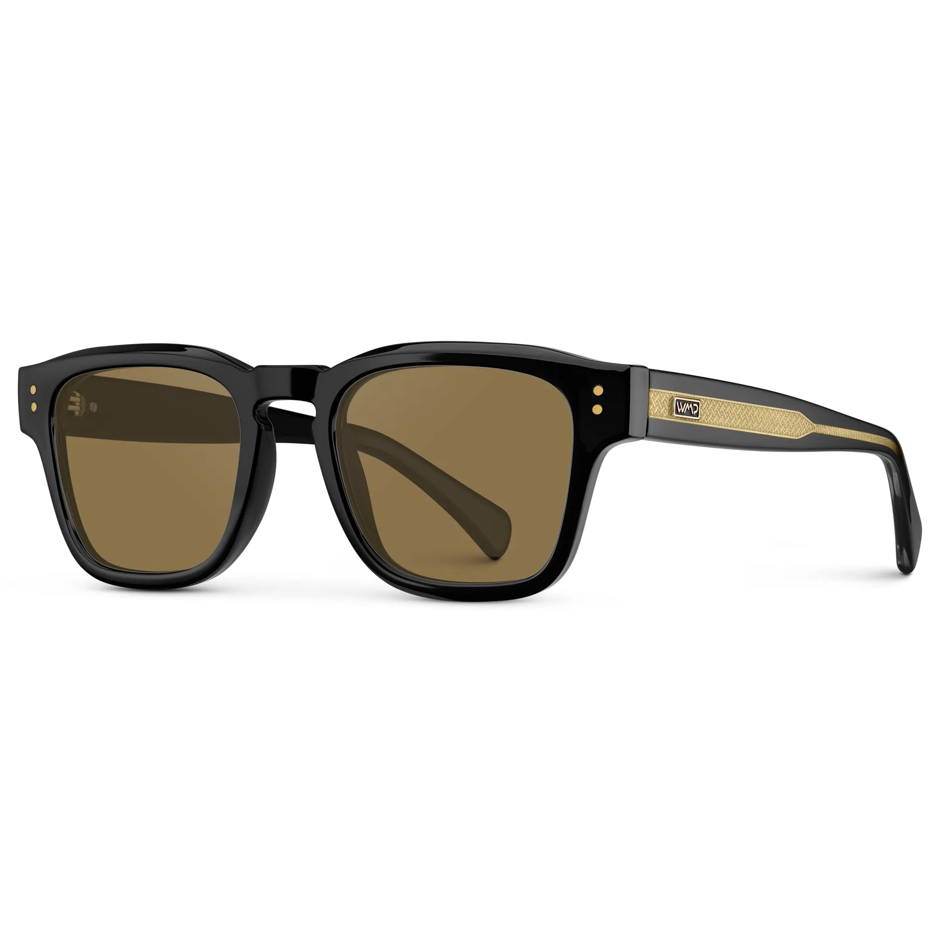 Black Gold / Amber || Side view of Men's Geometric Rectangular Prescription Sunglasses with Black Gold Frame and Amber Prescription Lens on a white background