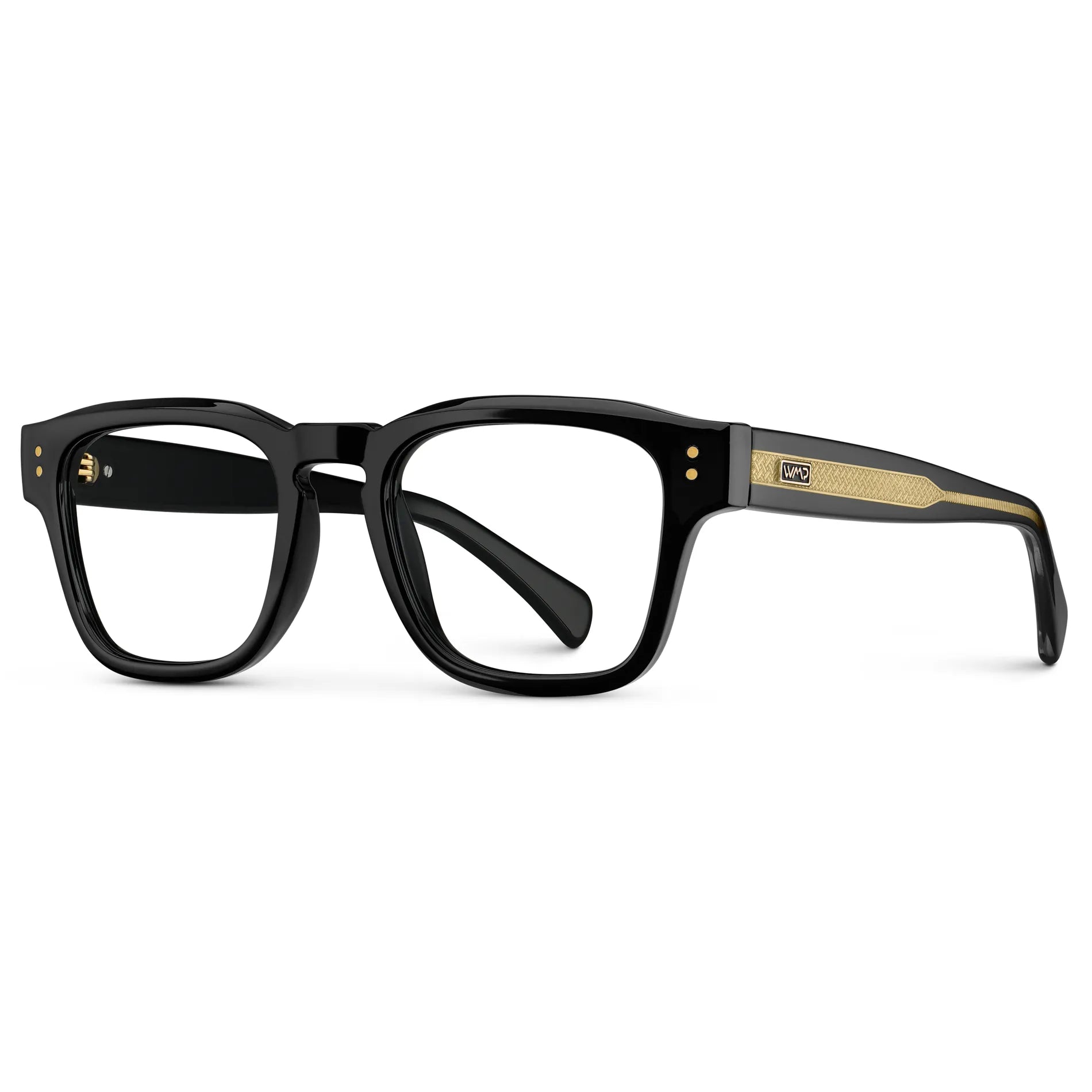 Black Gold || Side view of Men's Geometric Rectangular Prescription Glasses with Black Gold Frame and Clear Prescription Lens on a white background