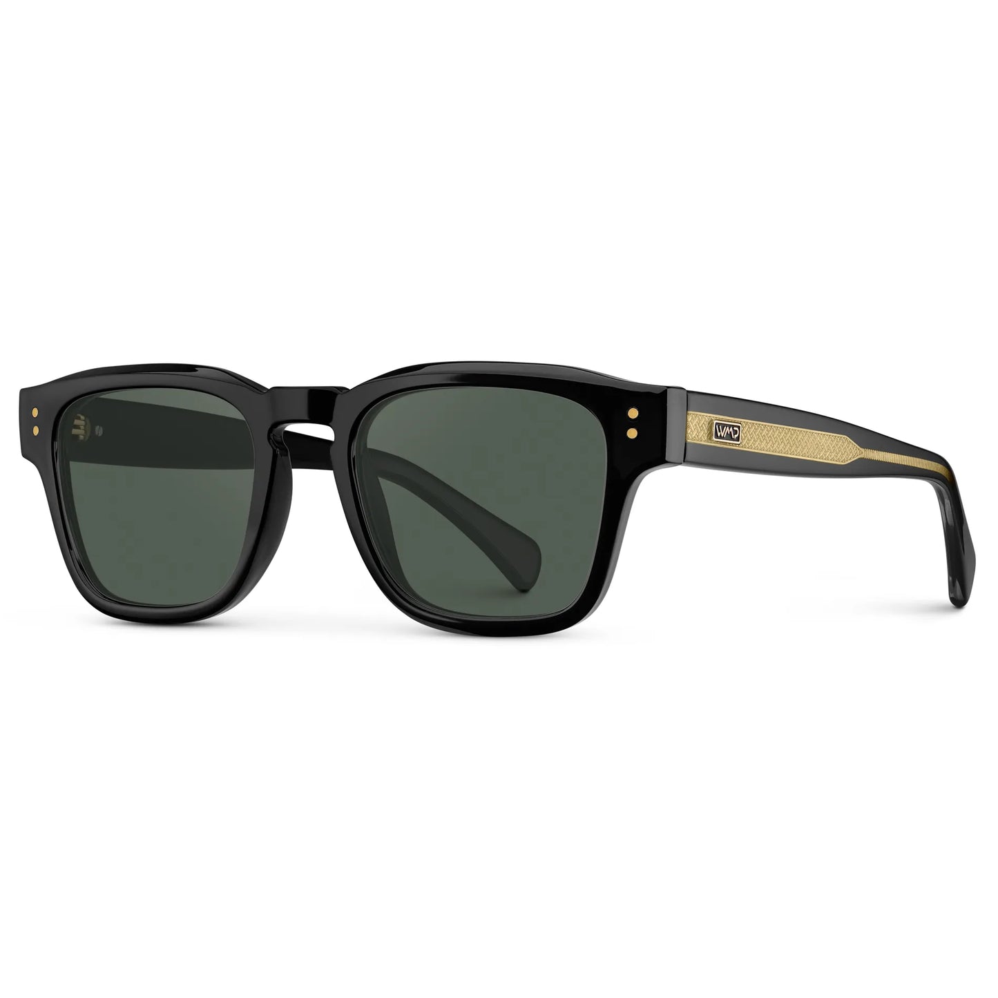 Black Gold / G15 || Side view of Men's Geometric Rectangular Prescription Sunglasses with Black Gold Frame and Green Prescription Lens on a white background
