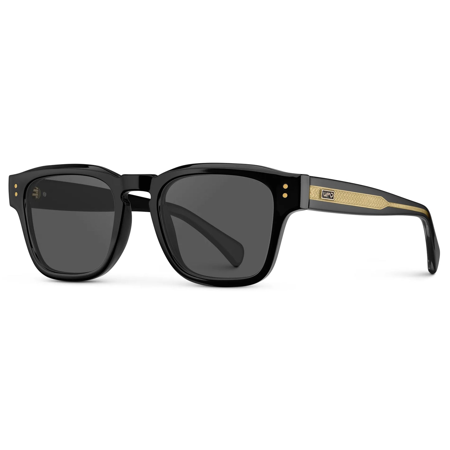 Black Gold / Grey || Side view of Men's Geometric Rectangular Prescription Sunglasses with Black Gold Frame and Grey Prescription Lens on a white background