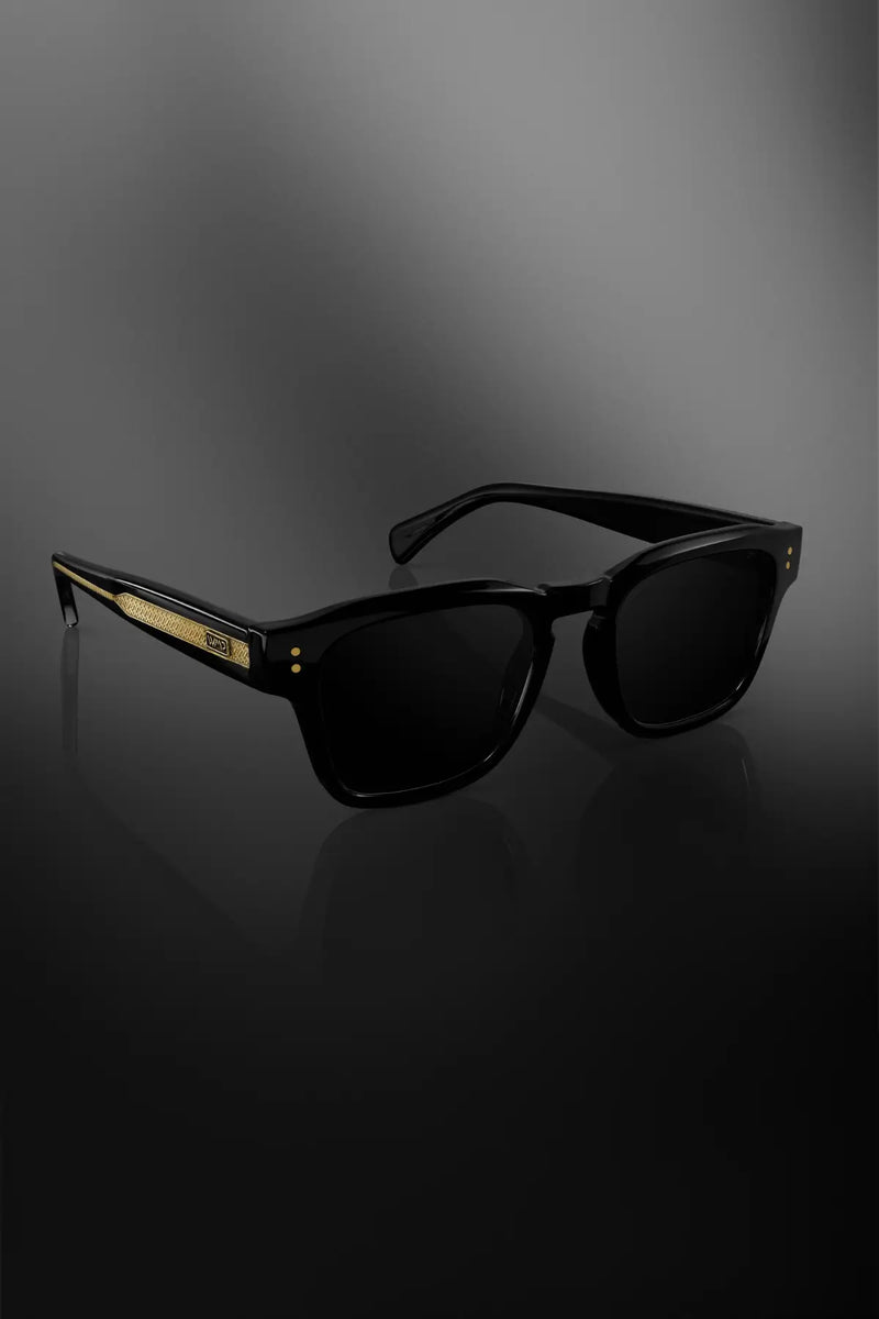 WMP Wayne black square sunglasses with gold engraved temples, side view