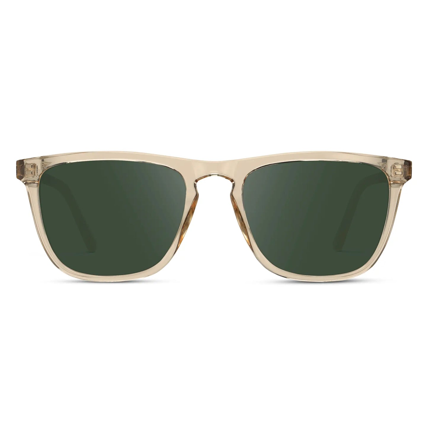 Sand Brown / G15 || Sand Brown Square Frame Prescription Sunglasses with Green Lenses on a white background 