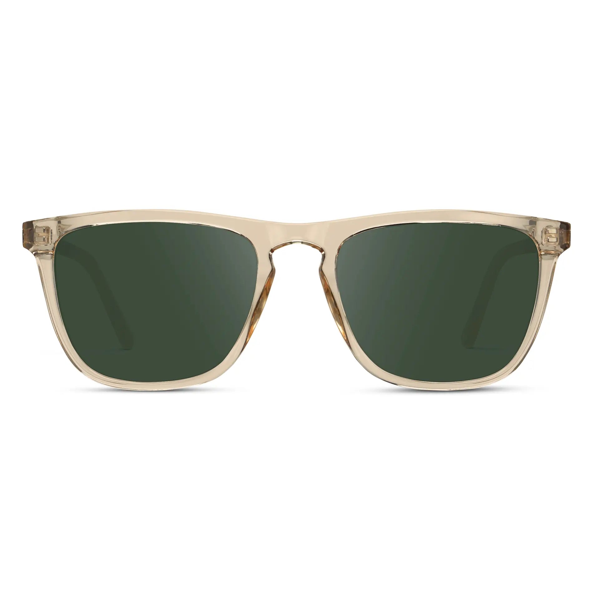 Sand Brown / G15 || Sand Brown Square Frame Prescription Sunglasses with Green Lenses on a white background 