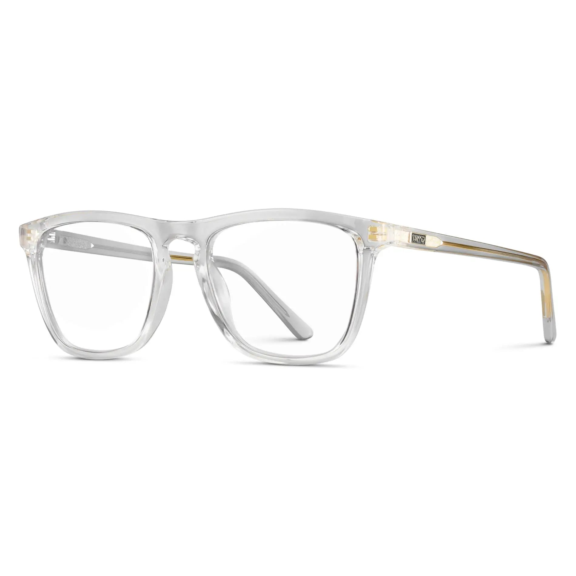 Clear || Side view of Men's Square Prescription Glasses with Clear Frame and Clear Lenses on a white background