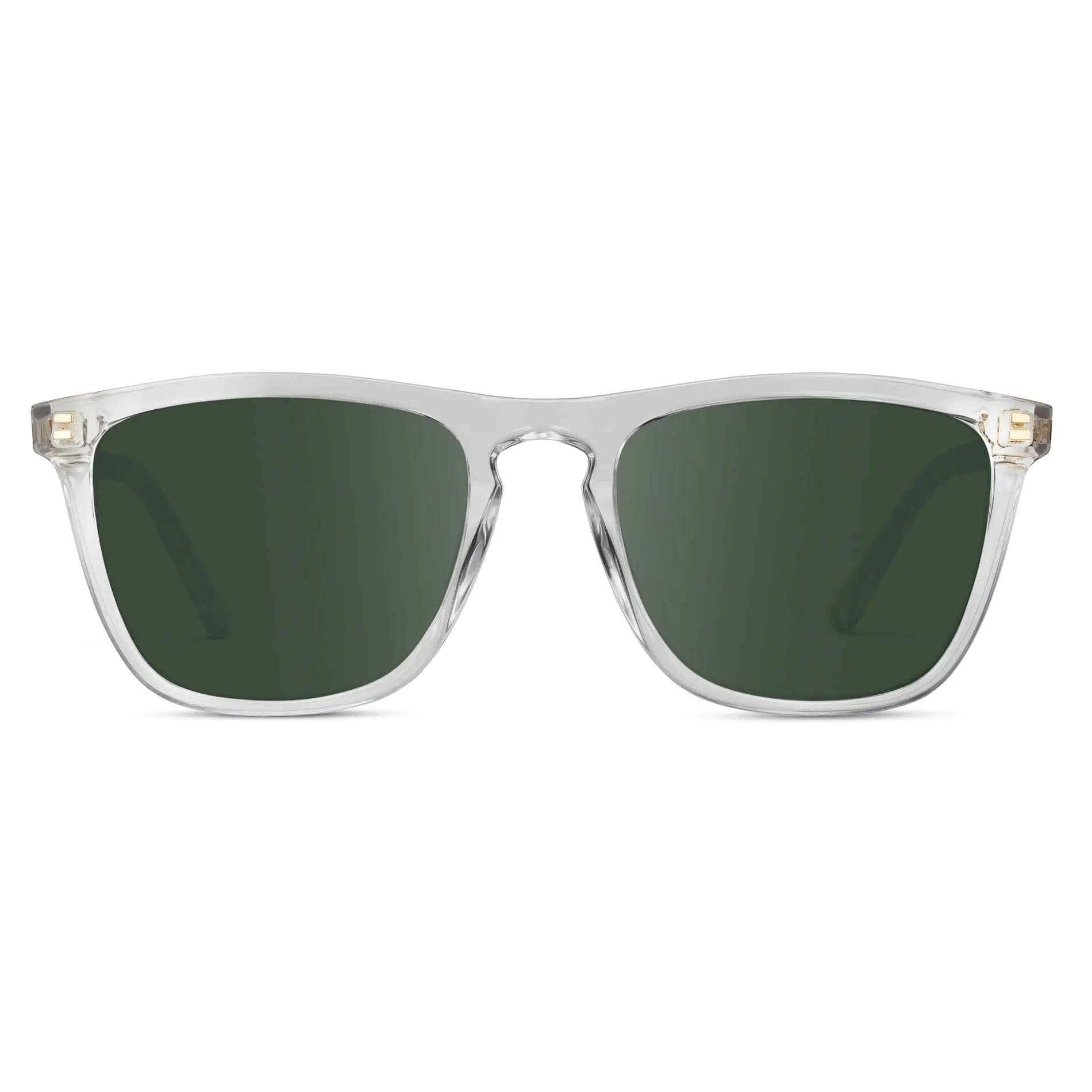 Clear / G15 || Men's Square Prescription Sunglasses with Clear Frame and Green Lenses on a white background