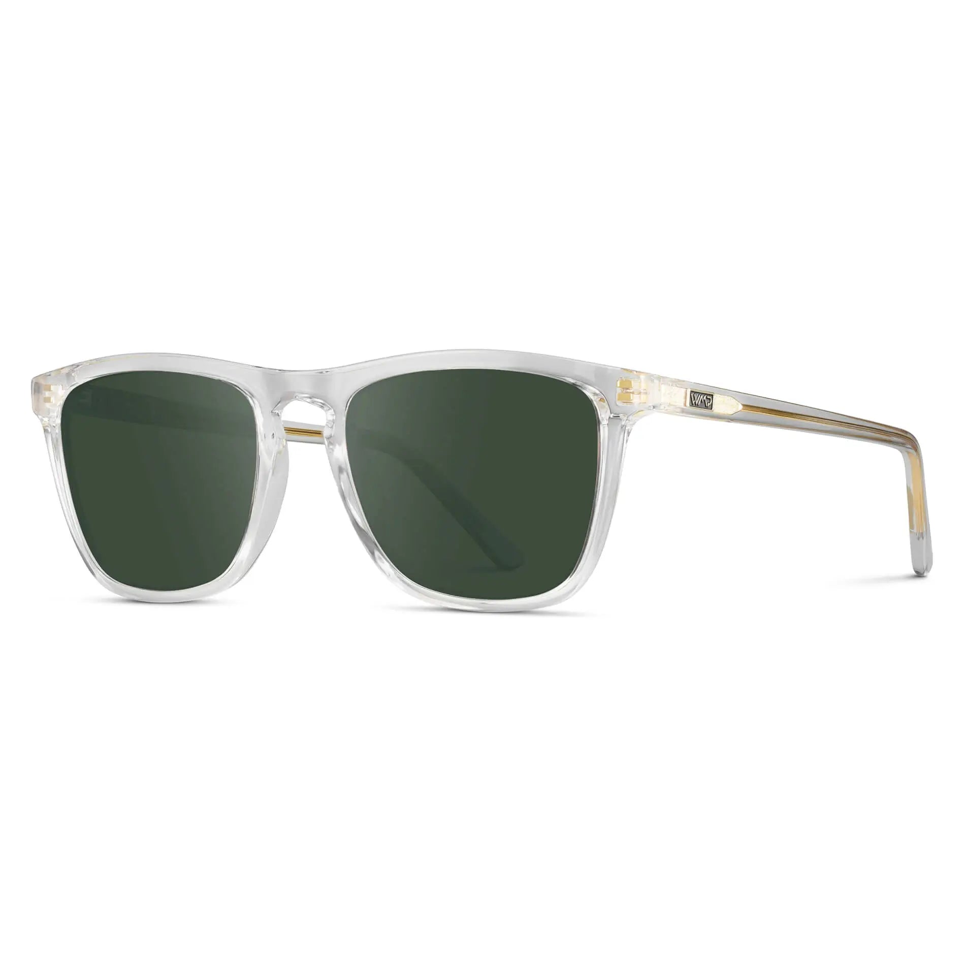Clear / G15 || Side view of Men's Square Prescription Sunglasses with Clear Frame and Green Lenses on a white background
