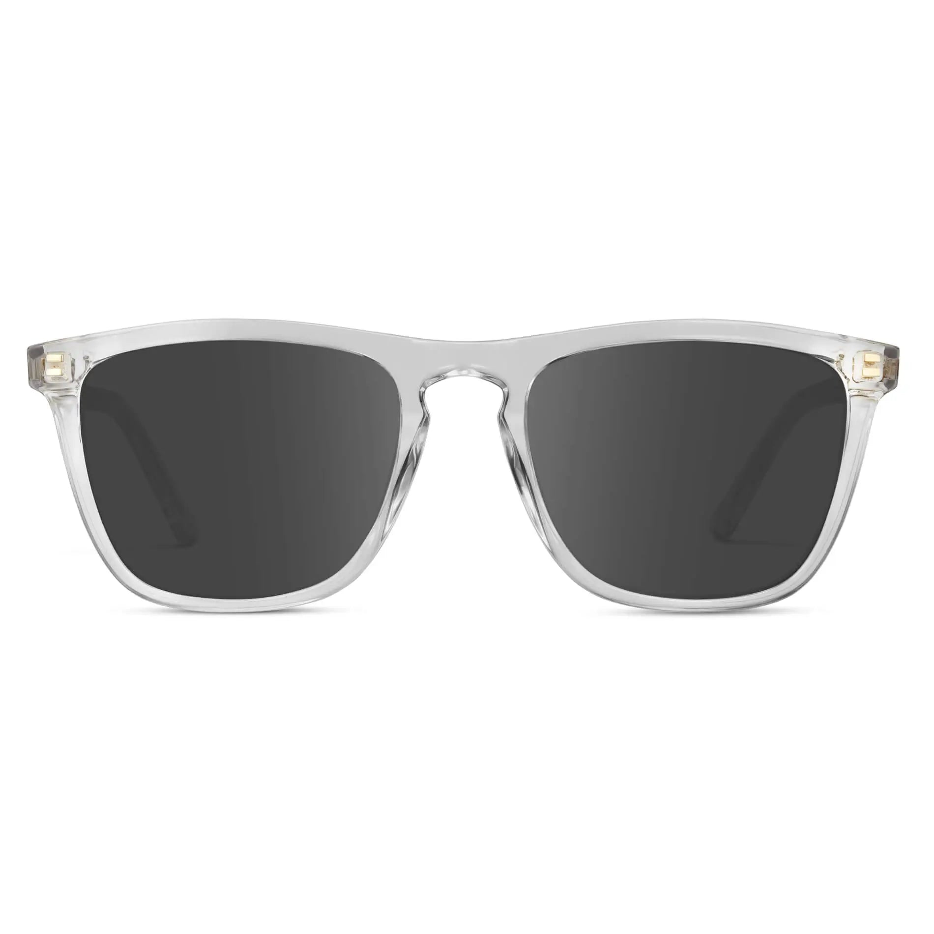 Clear / Grey || Men's Square Prescription Sunglasses with Clear Frame and Grey Lenses on a white background