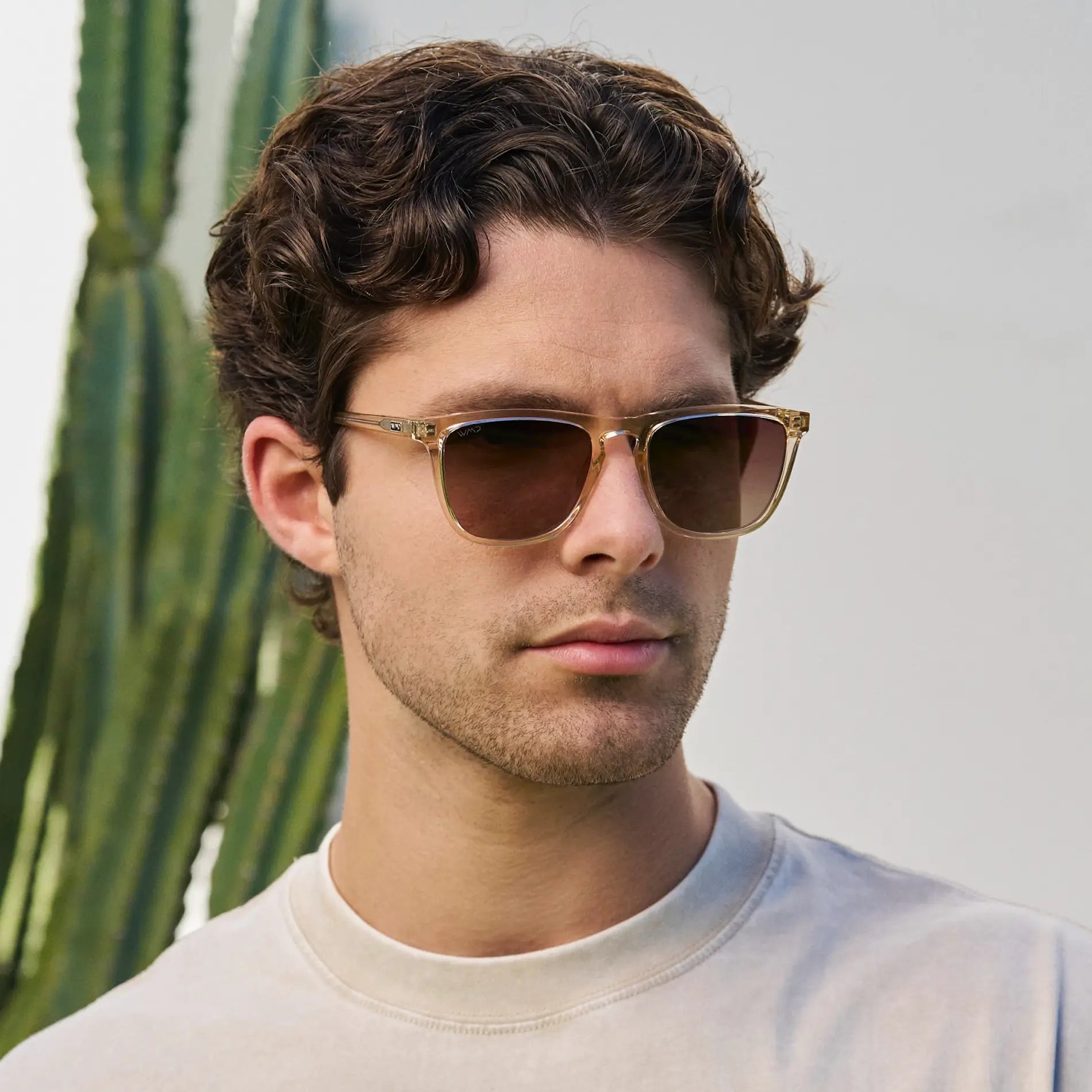 Sand Brown / Brown Gold Gradient Lens || Model wearing Men's Sand Brown Classic Square Frame Sunglasses with Brown Gold Gradient Polarized Lenses