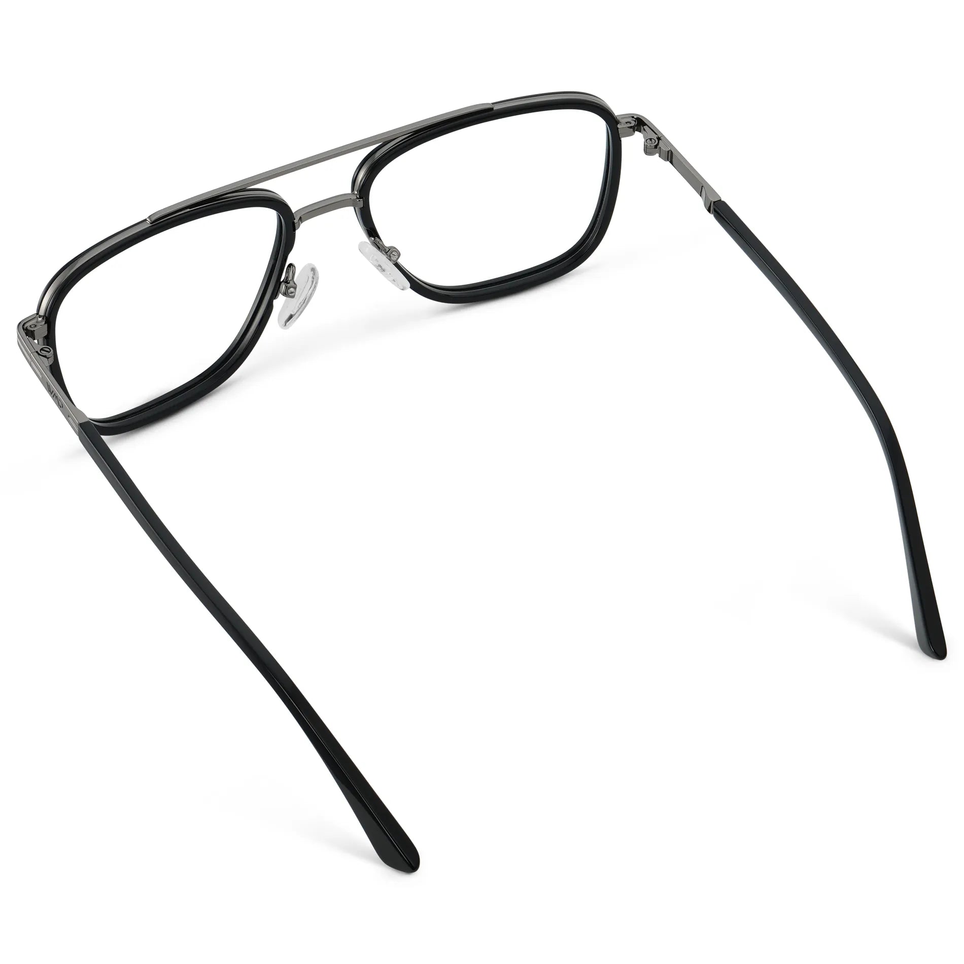 Black || Back view of Men's Metal Double Bridge Aviator Prescription Glasses with Black frame and Clear Lens on a white background