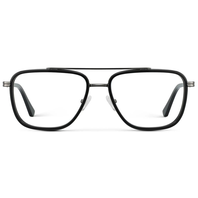 Black || Men's Metal Double Bridge Aviator Prescription Glasses with Black frame and Clear Lens on a white background