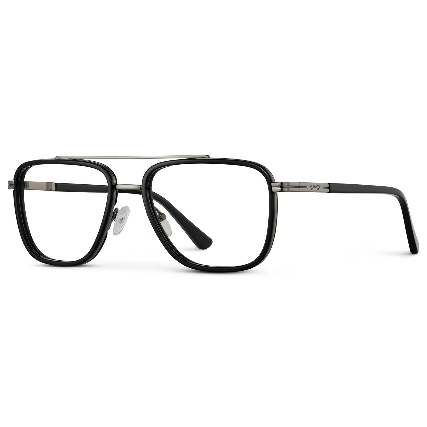 Black || Side view of Men's Metal Double Bridge Aviator Prescription Glasses with Black frame and Clear Lens on a white background