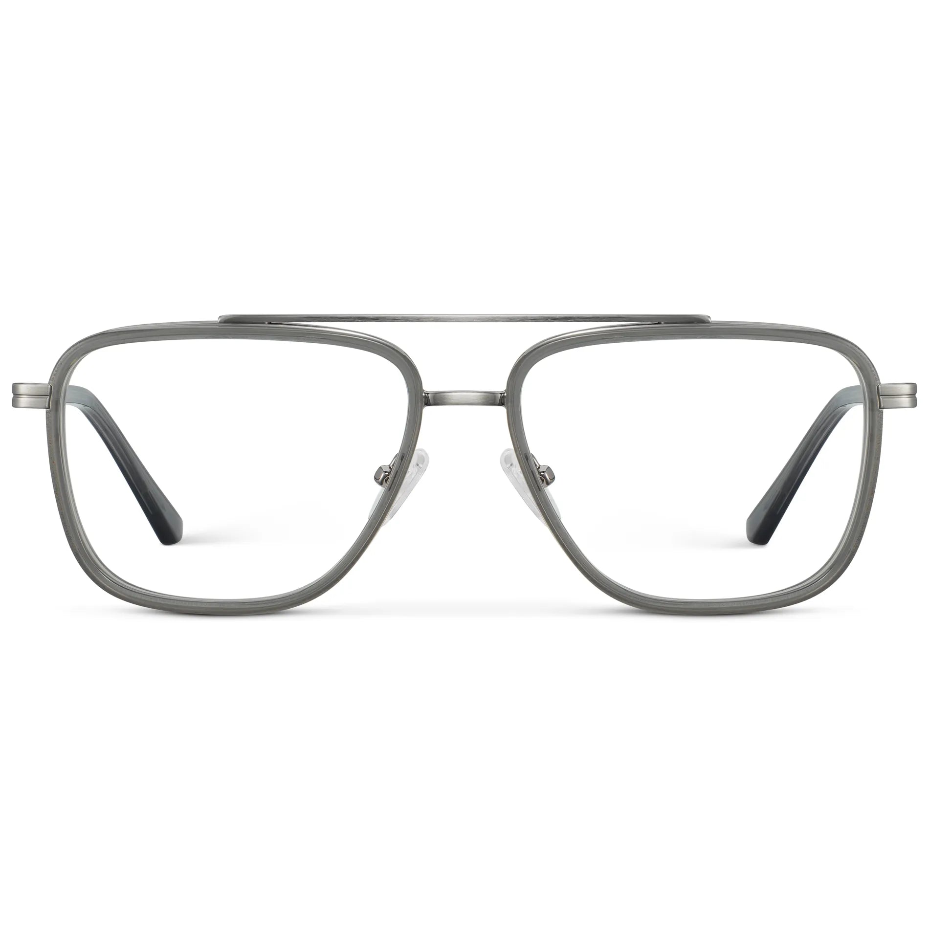 Smoke Grey || Men's Metal Double Bridge Aviator Prescription Glasses with Smoke Grey frame and Clear Lens on a white background