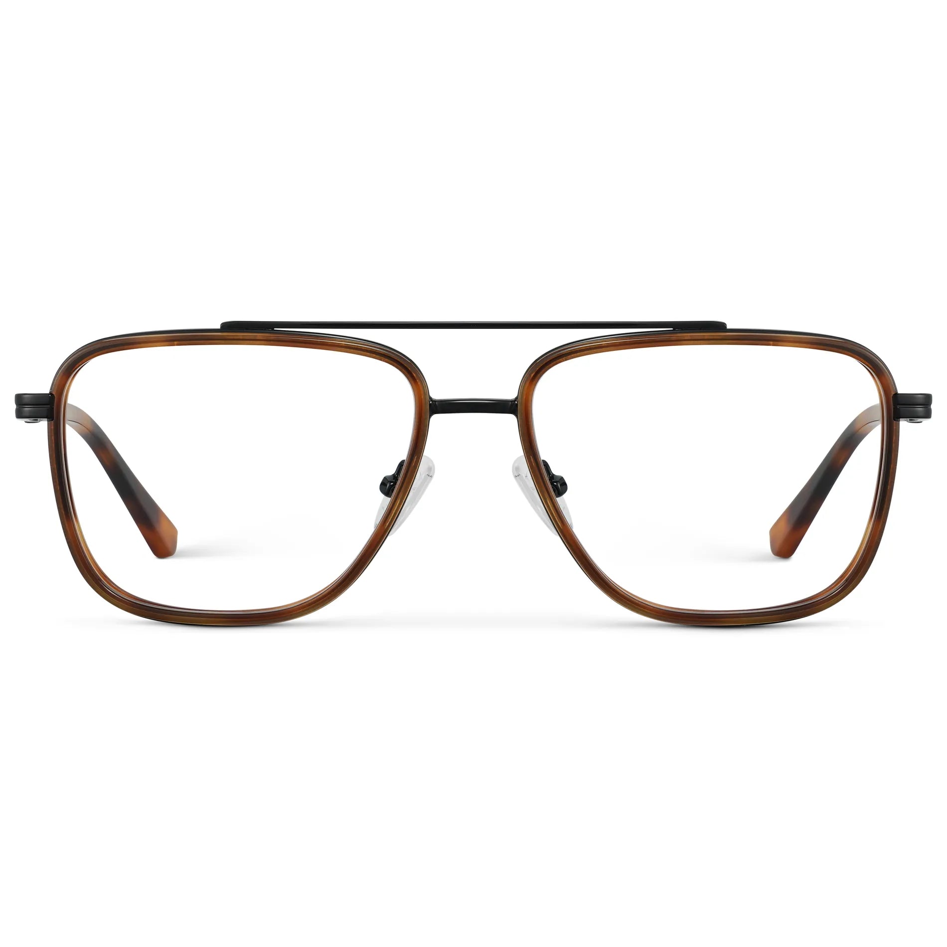 Brown Tortoise || Men's Metal Double Bridge Aviator Prescription Glasses with Brown Tortoise frame and Clear Lens on a white background