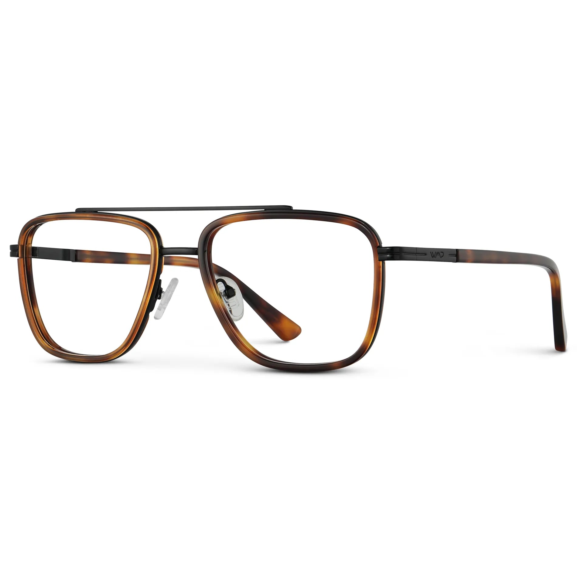 Brown Tortoise || Side view of Men's Metal Double Bridge Aviator Prescription Glasses with Brown Tortoise frame and Clear Lens on a white background