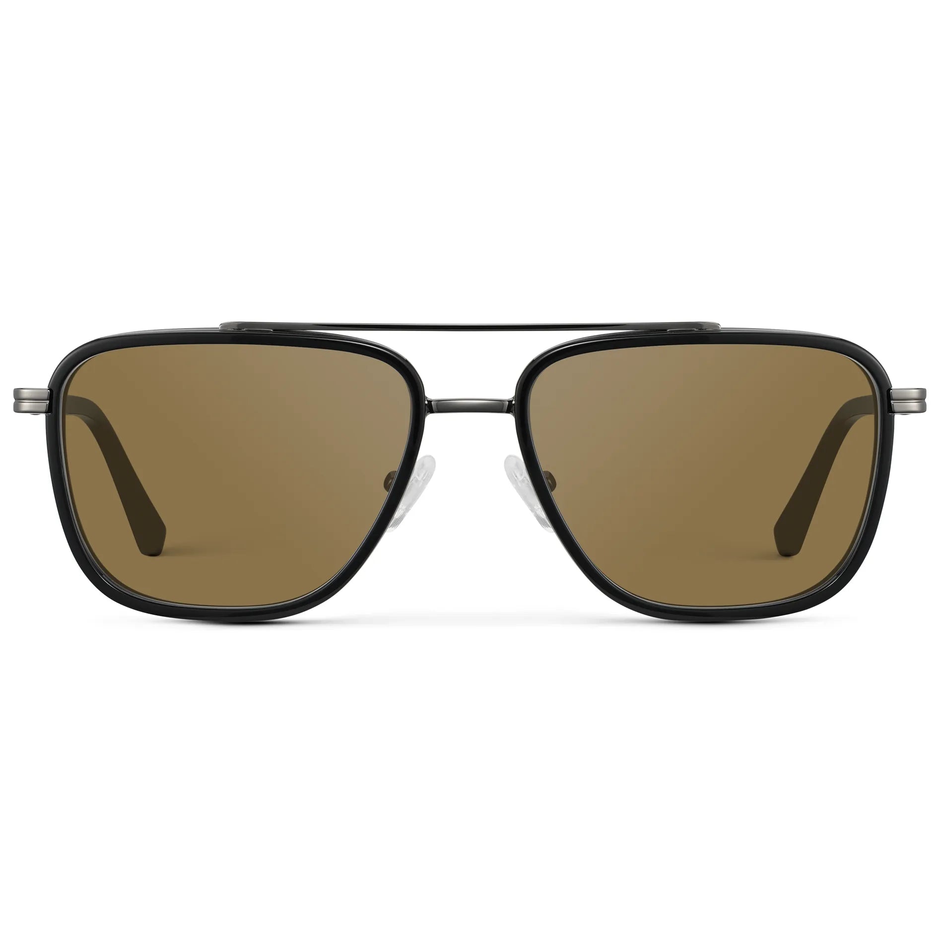 Black / Amber || Men's Metal Double Bridge Aviator Prescription Sunglasses with Black frame and Brown Lens on a white background