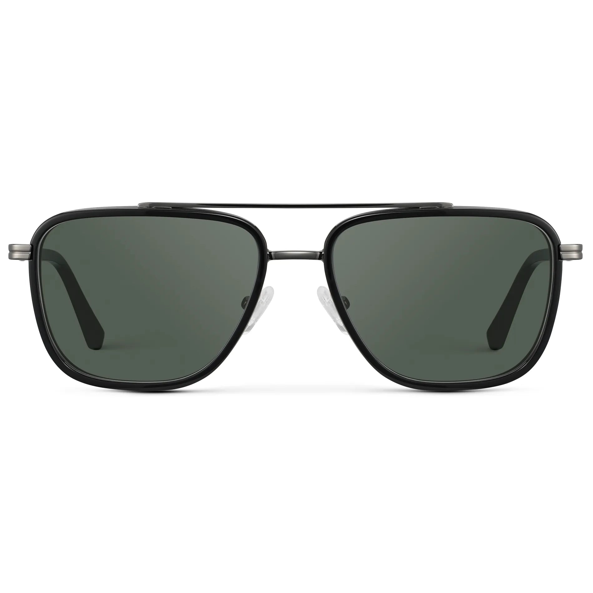 Black / G15 || Men's Metal Double Bridge Aviator Prescription Sunglasses with Black frame and Green Lens on a white background