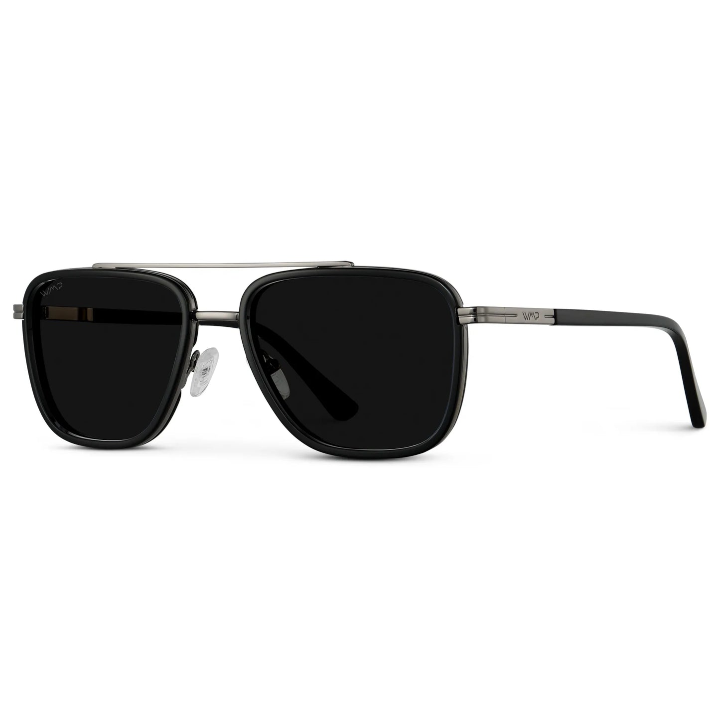 Black / Triple Black Lens || Side view of Men's Aviator Sunglasses with Black frame and Triple Black Lens on a white background