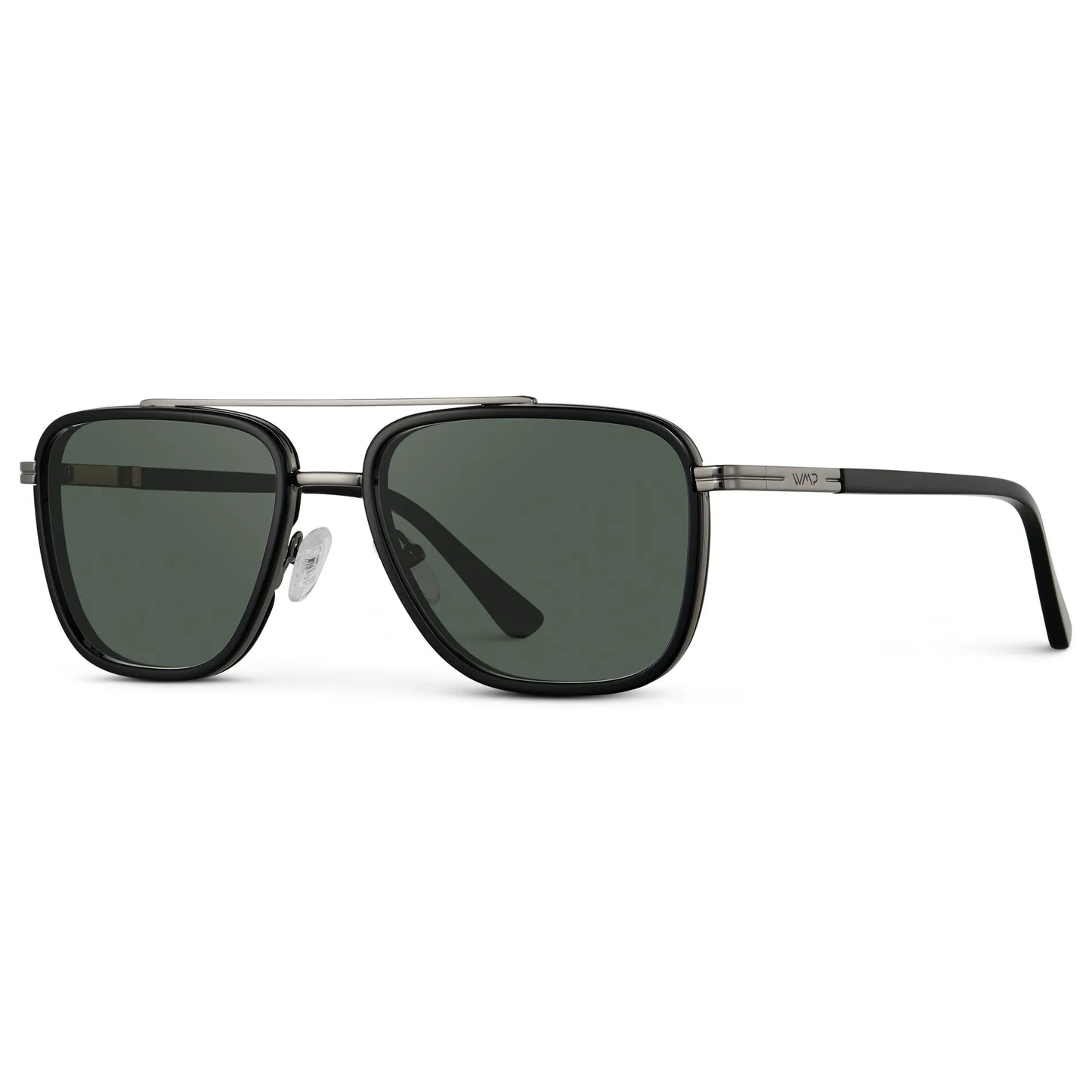 Black / G15 || Side view of Men's Metal Double Bridge Aviator Prescription Sunglasses with Black frame and Green Lens on a white background
