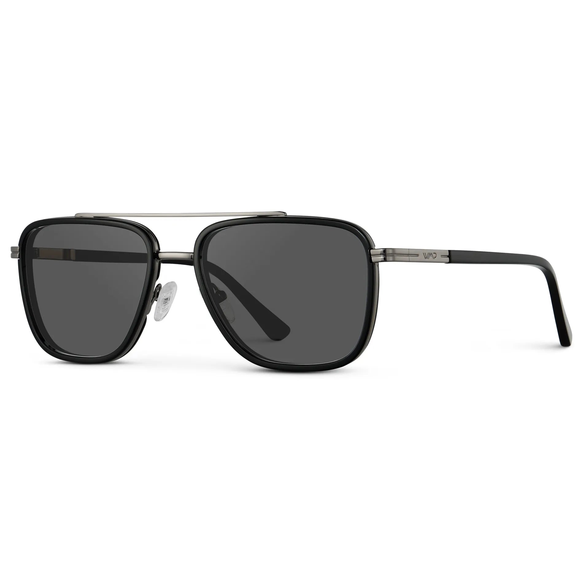 Black / Grey || Side view of Men's Metal Double Bridge Aviator Prescription Sunglasses with Black frame and Grey Lens on a white background