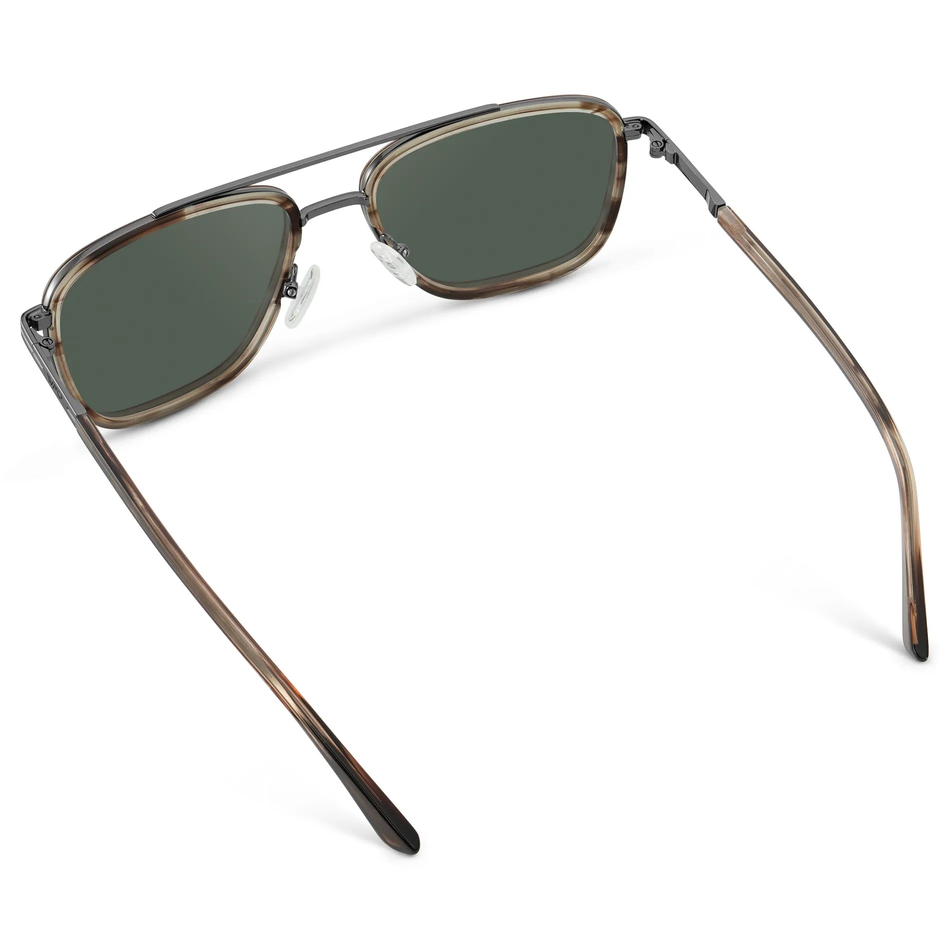 Timber Brown / G15 || Back view of Men's Metal Double Bridge Aviator Prescription Sunglasses with Timber Brown frame and Green Lens on a white background