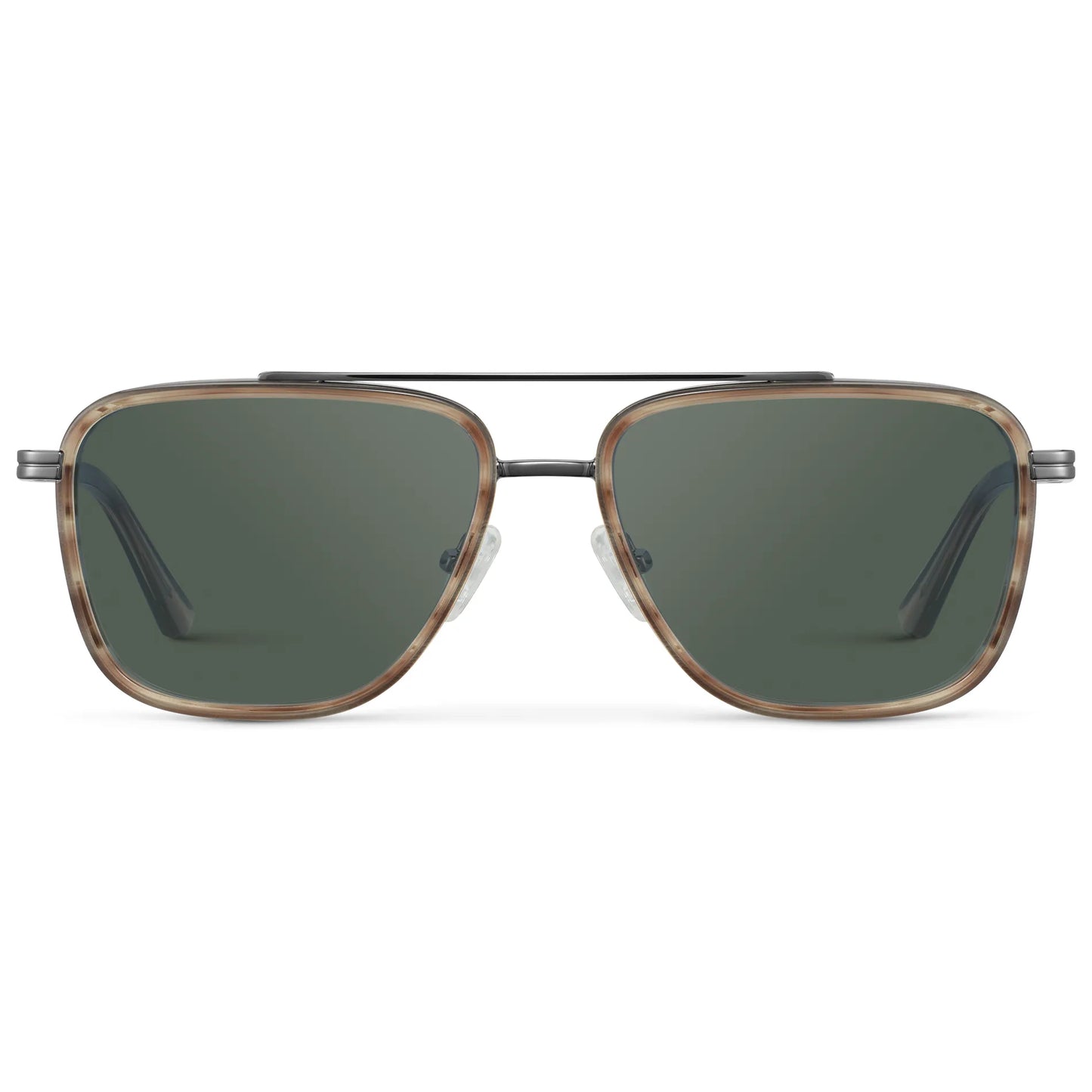 Timber Brown / G15 || Men's Metal Double Bridge Aviator Prescription Sunglasses with Timber Brown frame and Green Lens on a white background