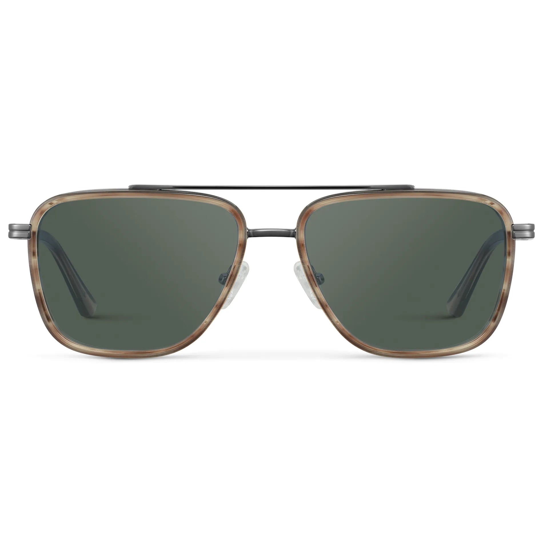 Timber Brown / G15 || Men's Metal Double Bridge Aviator Prescription Sunglasses with Timber Brown frame and Green Lens on a white background