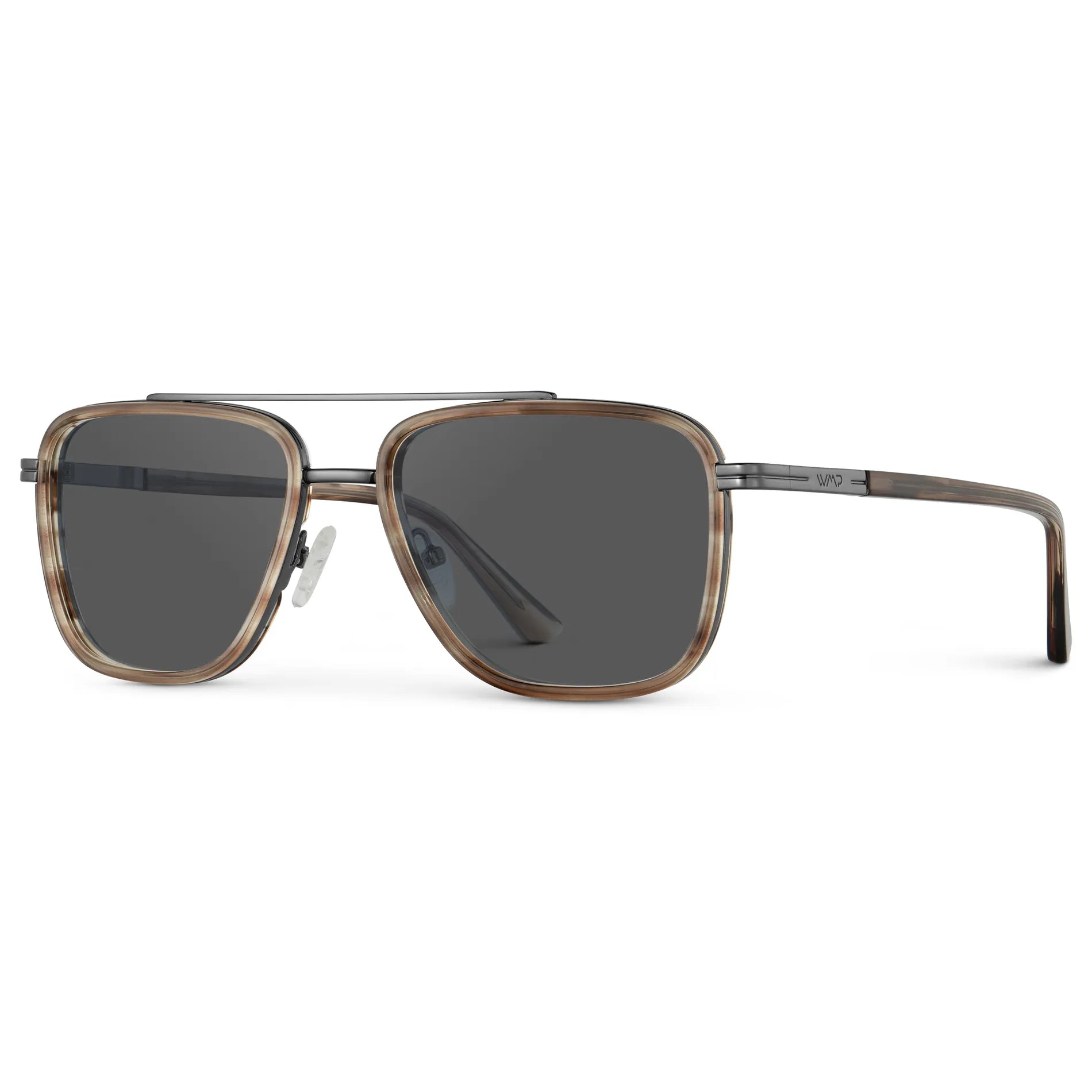 Timber Brown / Grey || Side view of Men's Metal Double Bridge Aviator Prescription Sunglasses with Timber Brown frame and Grey Lens on a white background