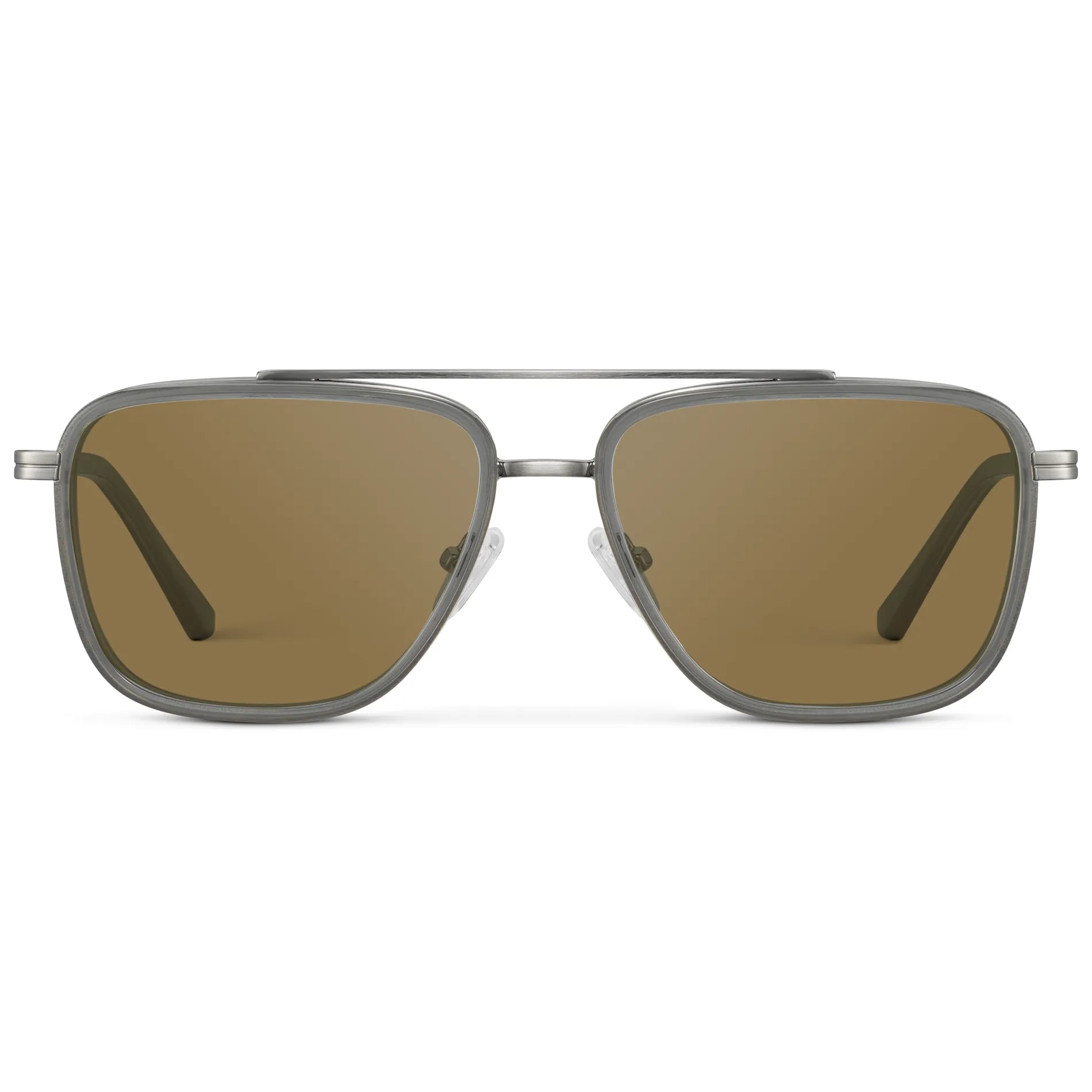 Smoke Grey / Amber || Men's Metal Double Bridge Aviator Prescription Sunglasses with Smoke Grey frame and Brown Lens on a white background