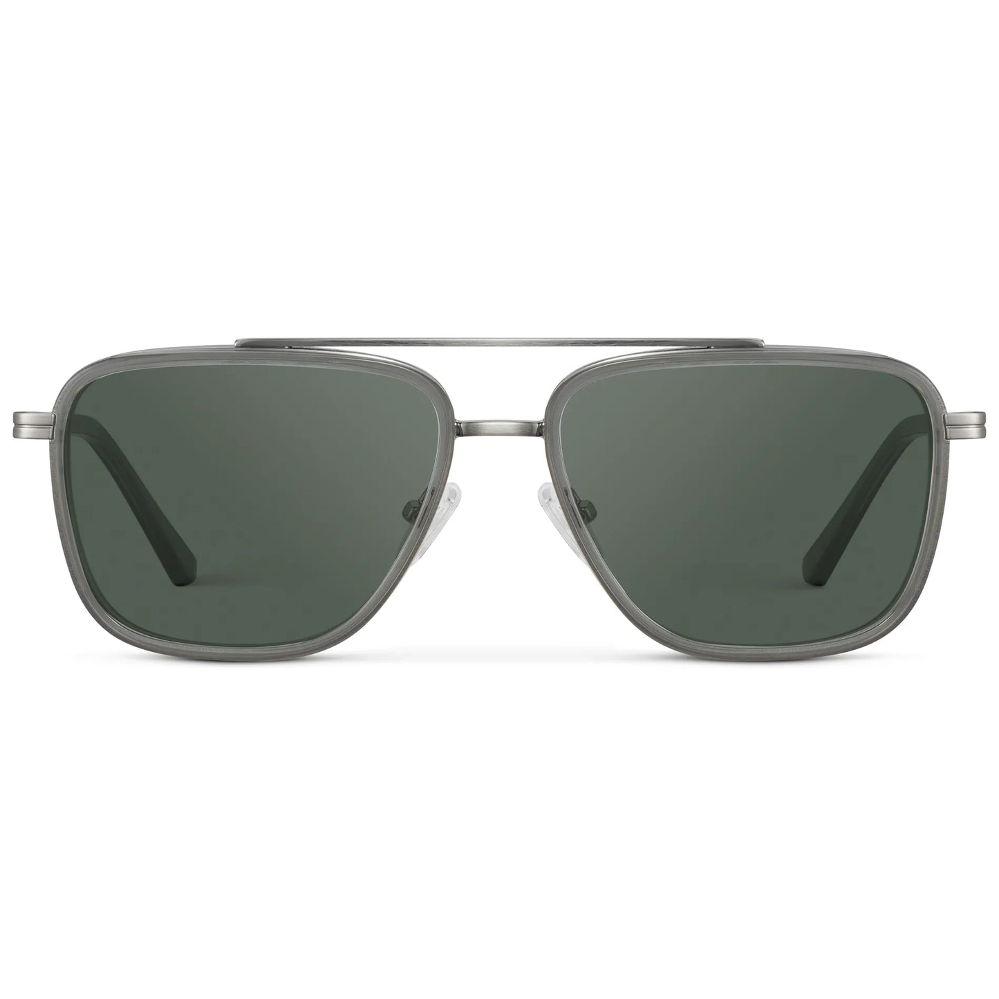 Smoke Grey / G15 || Men's Metal Double Bridge Aviator Prescription Sunglasses with Smoke Grey frame and Green Lens on a white background