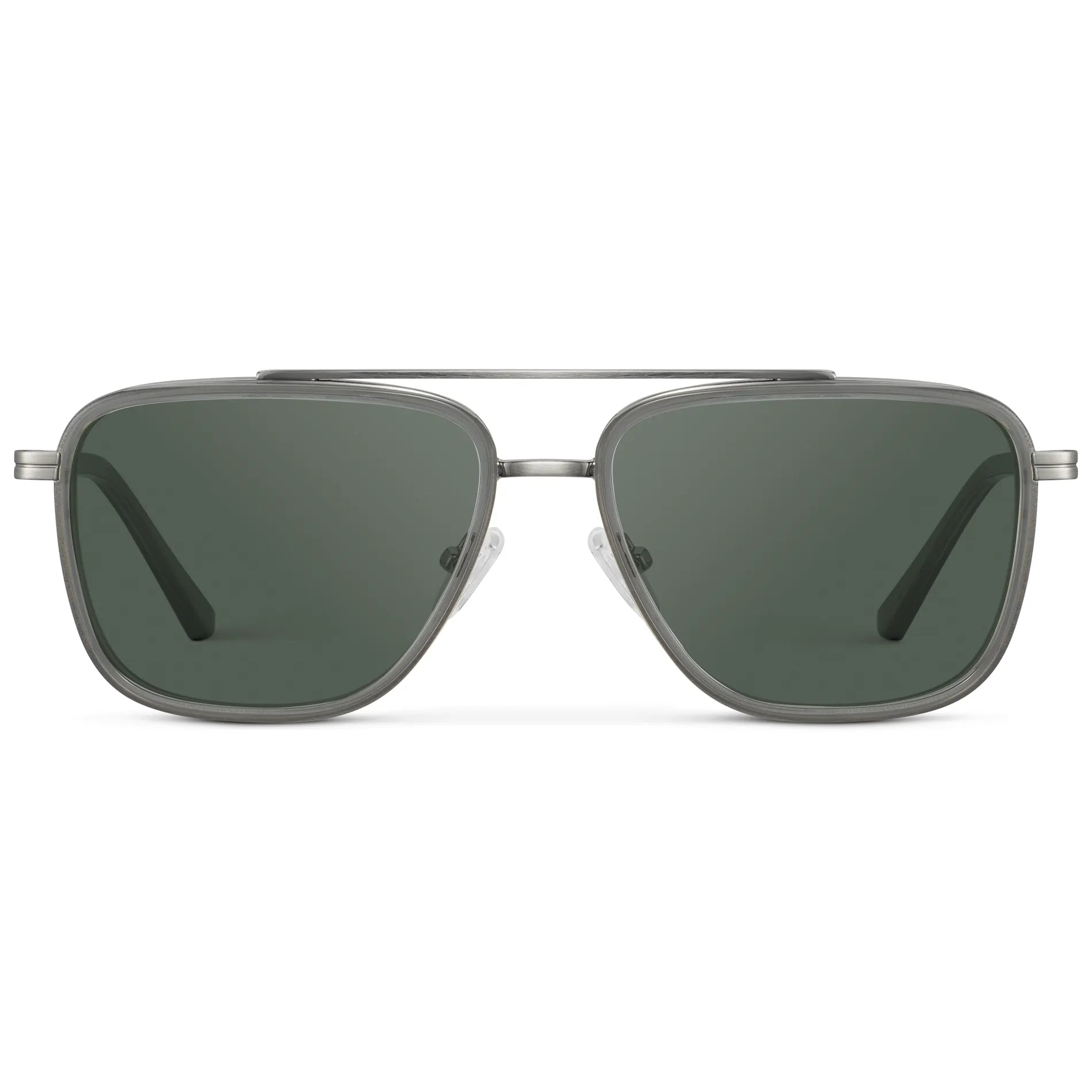 Smoke Grey / G15 || Men's Metal Double Bridge Aviator Prescription Sunglasses with Smoke Grey frame and Green Lens on a white background