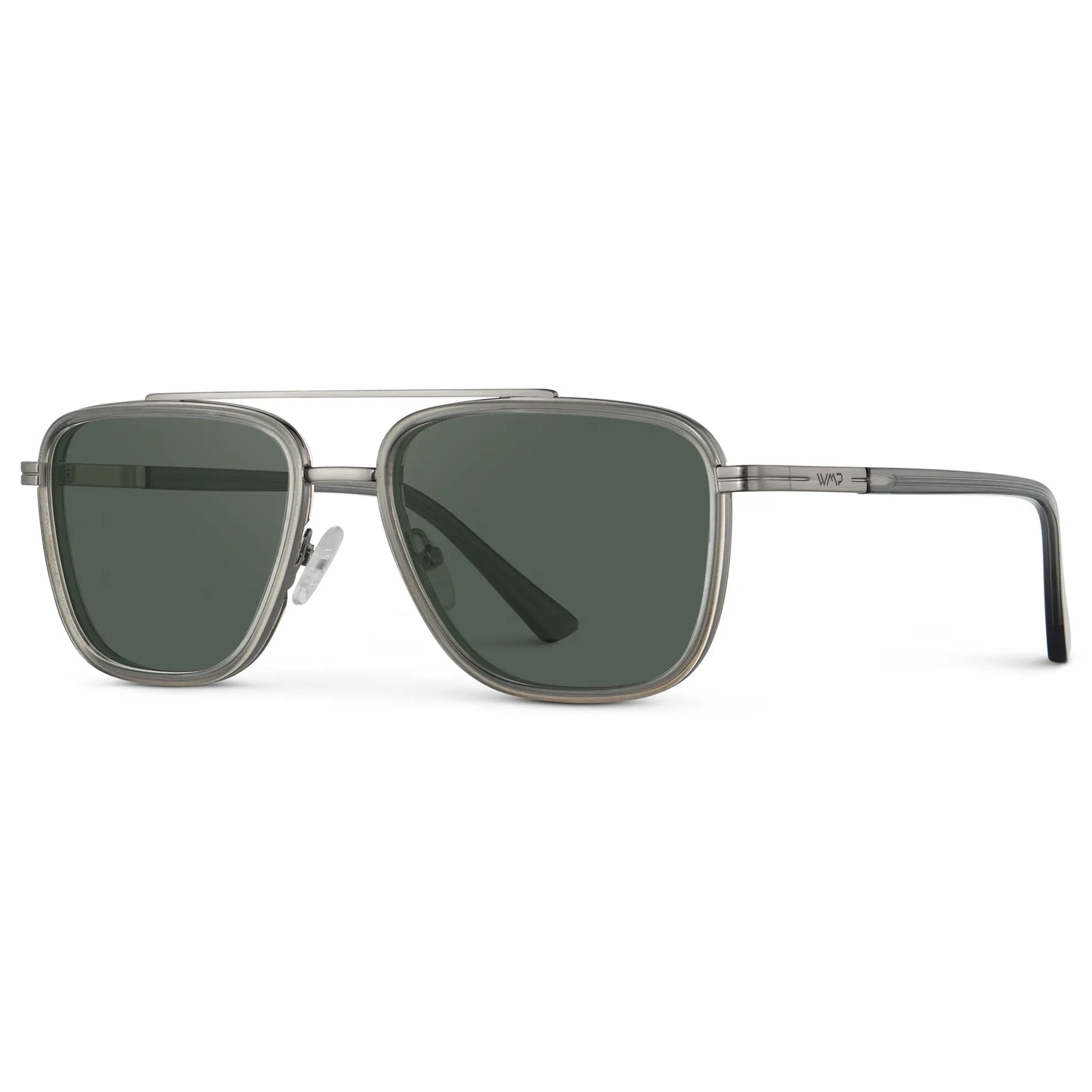 Smoke Grey / G15 || Side view of Men's Metal Double Bridge Aviator Prescription Sunglasses with Smoke Grey frame and Green Lens on a white background
