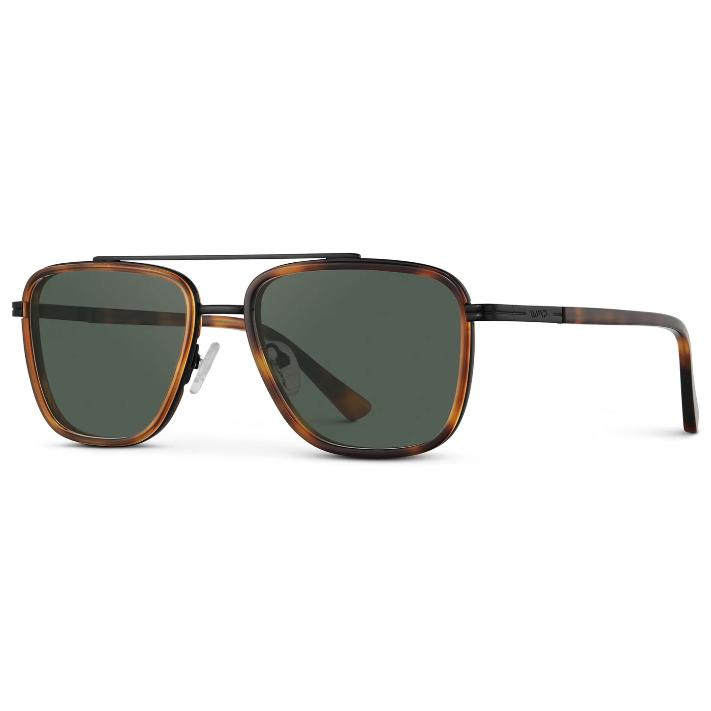 Brown Tortoise / G15 || Side view of Men's Metal Double Bridge Aviator Prescription Sunglasses with Brown Tortoise frame and Green Lens on a white background