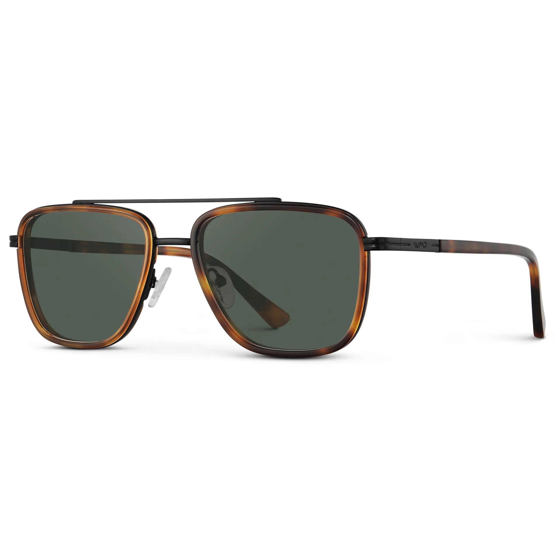 Brown Tortoise / G15 || Side view of Men's Metal Double Bridge Aviator Prescription Sunglasses with Brown Tortoise frame and Green Lens on a white background