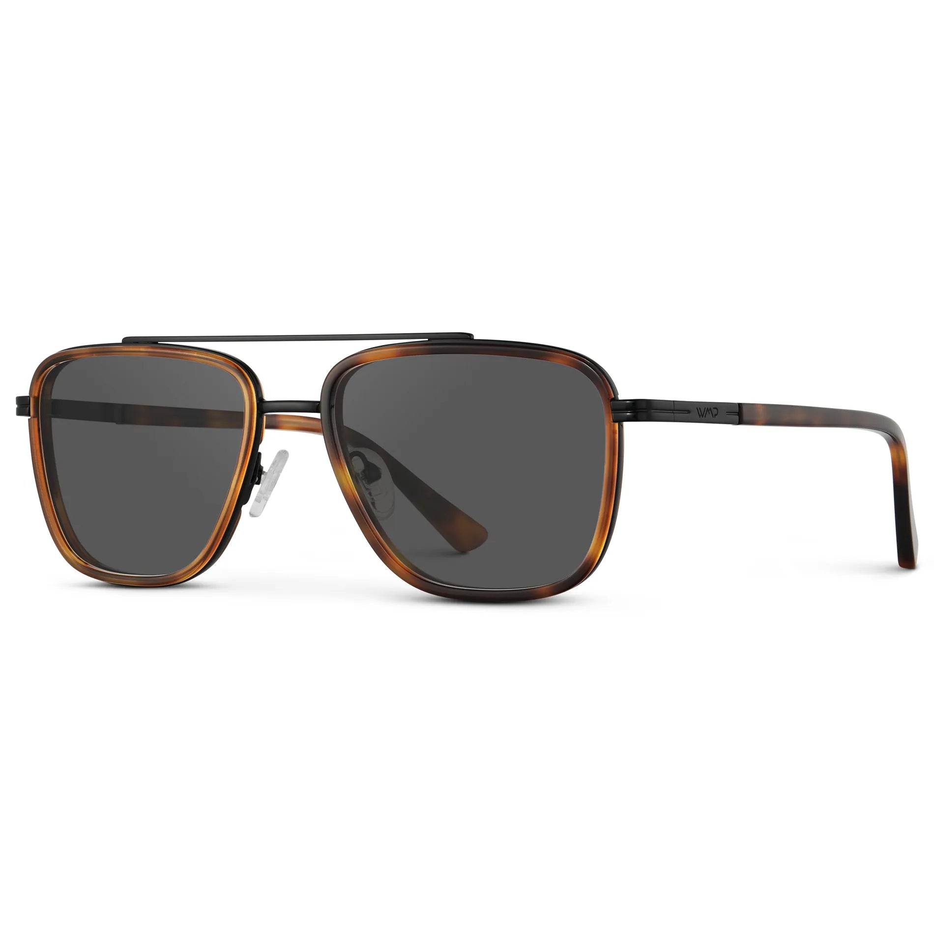 Brown Tortoise / Grey || Side view of Men's Metal Double Bridge Aviator Prescription Sunglasses with Brown Tortoise frame and Grey Lens on a white background