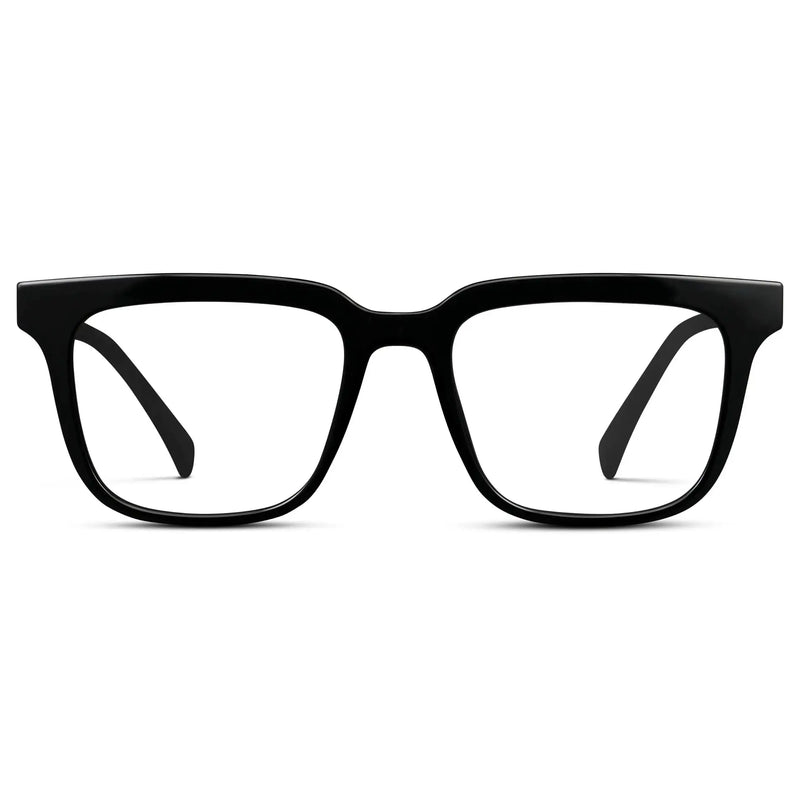 Black || Men's Thick Square Eyeglasses with Black Acetate Frame and Clear Prescription Lens on a white background