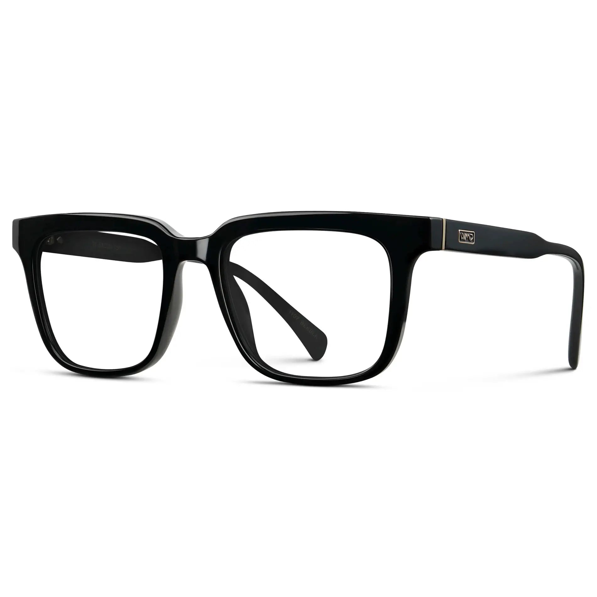 Black || Side view of Men's Thick Square Eyeglasses with Black Acetate Frame and Clear Prescription Lens on a white background