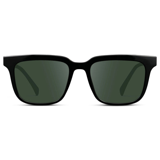 Black / G15 || Men's Thick Square Prescription Sunglasses with Black Acetate Frame and Green Lens