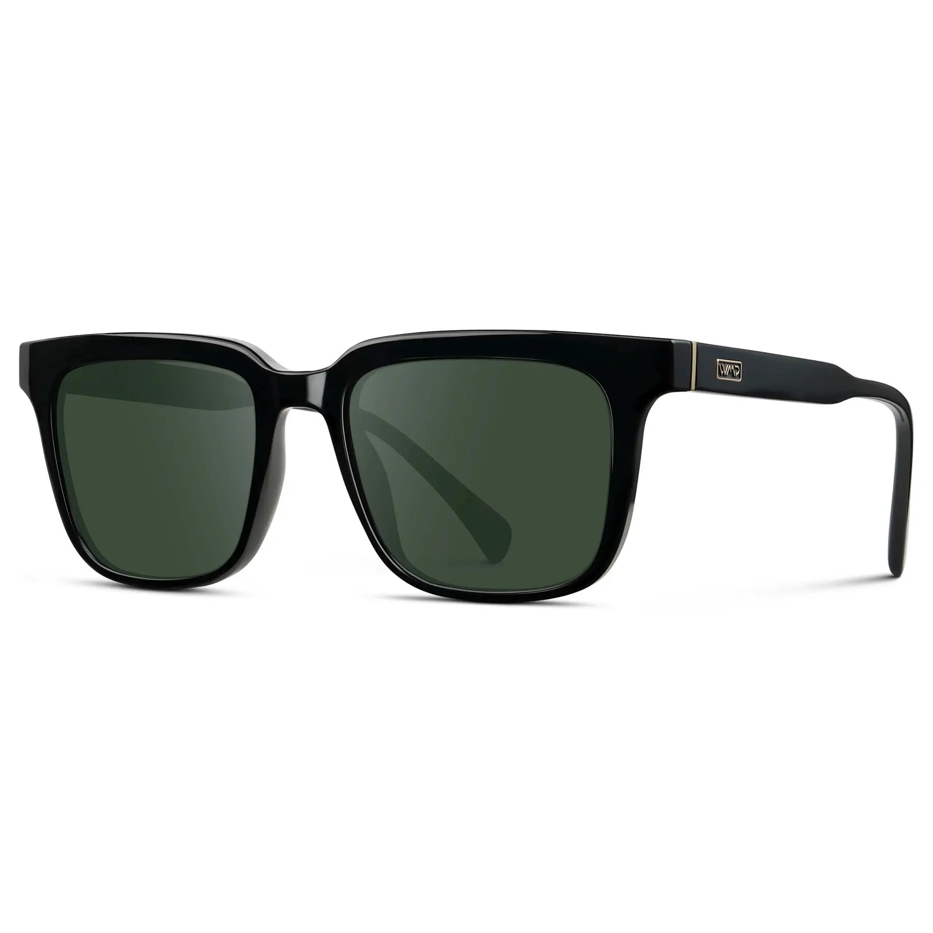 Black / G15 || Side view of Men's Thick Square Prescription Sunglasses with Black Acetate Frame and Green Lens