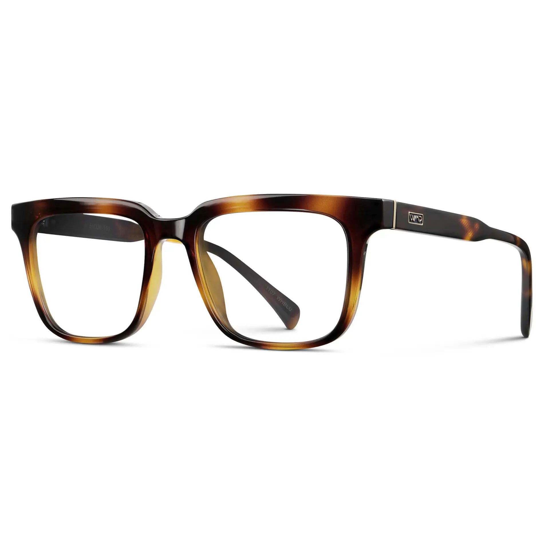 Whiskey Tortoise || Side view of Men's Thick Square Eyeglasses with Whiskey Tortoise Acetate Frame and Clear Prescription Lens on a white background