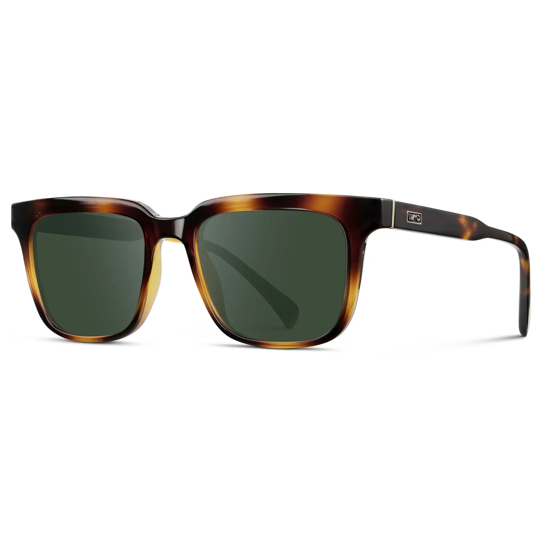 Whiskey Tortoise / G15 || Side view of Men's Thick Square Prescription Sunglasses with Whiskey Tortoise Acetate Frame and Green Lens