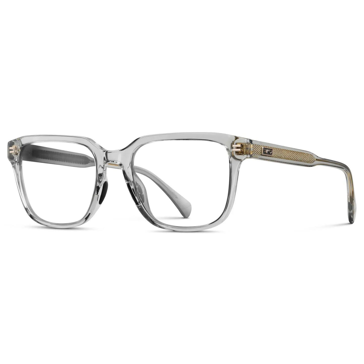 Crystal Ice Grey || Side view of Men's Geometric Rectangular Eyeglasses with Crystal Ice Grey Clear Acetate Frame and Clear Prescription Lens on a white background