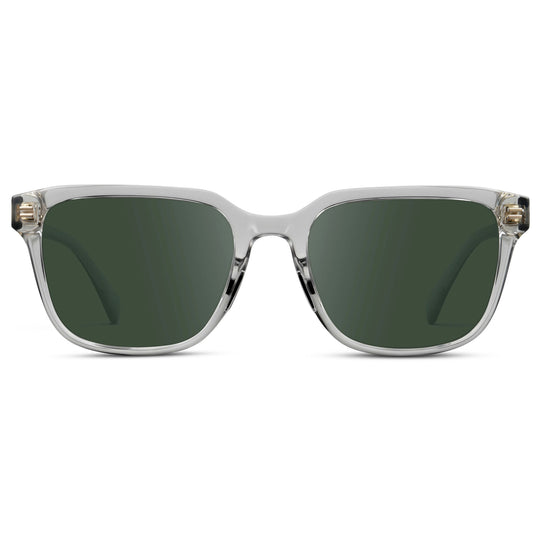 Crystal Ice Grey / G15 || Men's Geometric Rectangular Prescription Sunglasses with Crystal Ice Grey Clear Acetate Frame and Green Lens
