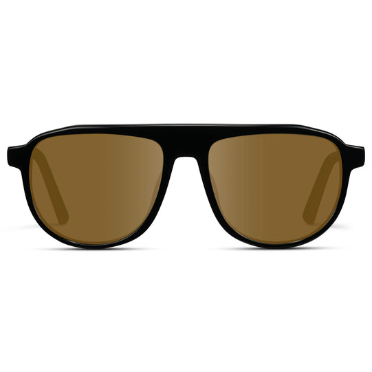 Glossy Black / Amber Lens || Aviator Sunglasses with Black Frame and Brown Lenses